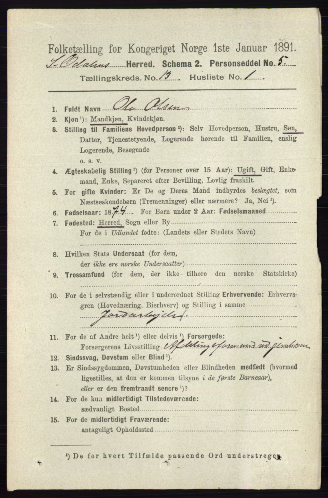 RA, 1891 census for 0419 Sør-Odal, 1891, p. 5566