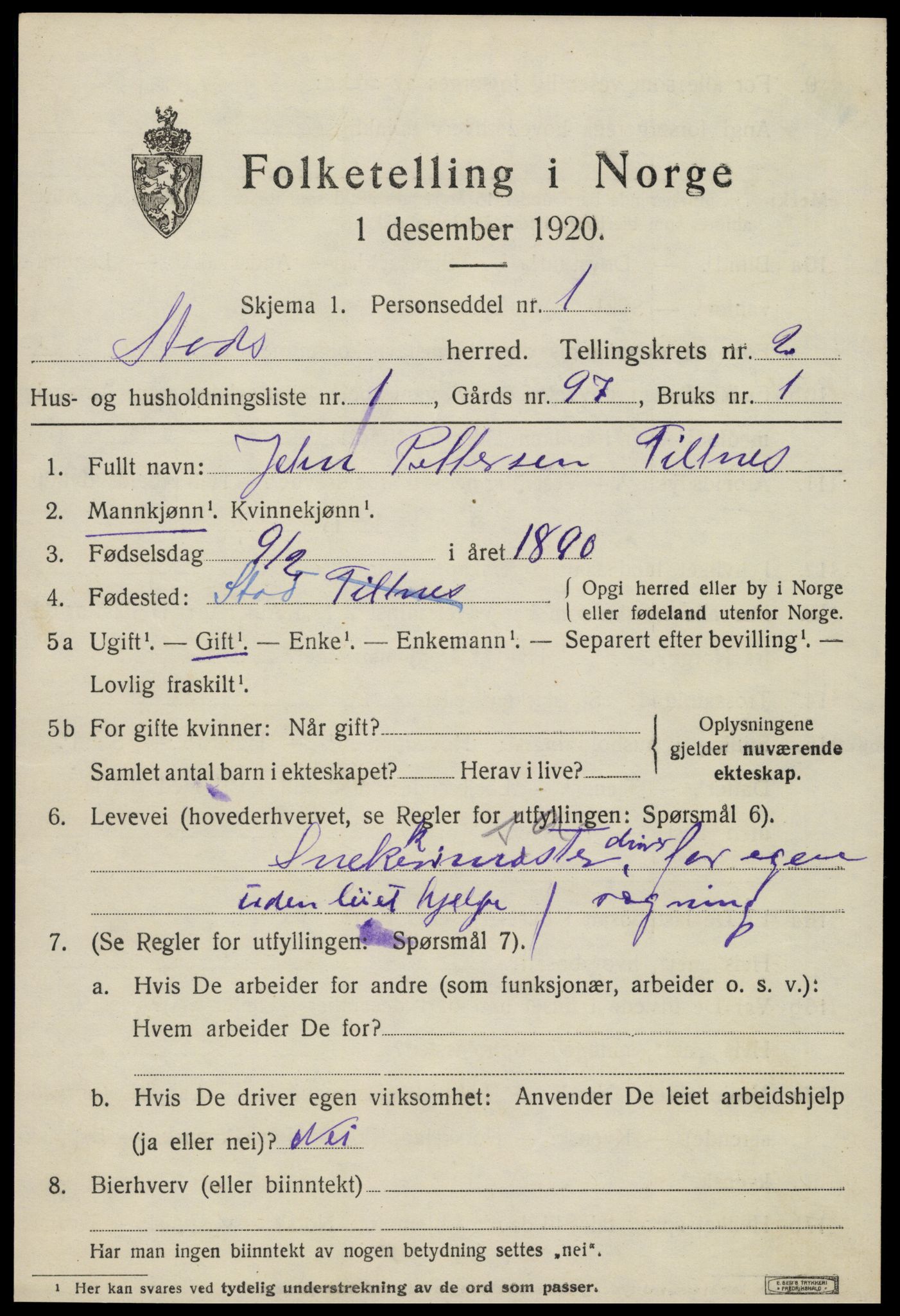 SAT, 1920 census for Stod, 1920, p. 1278