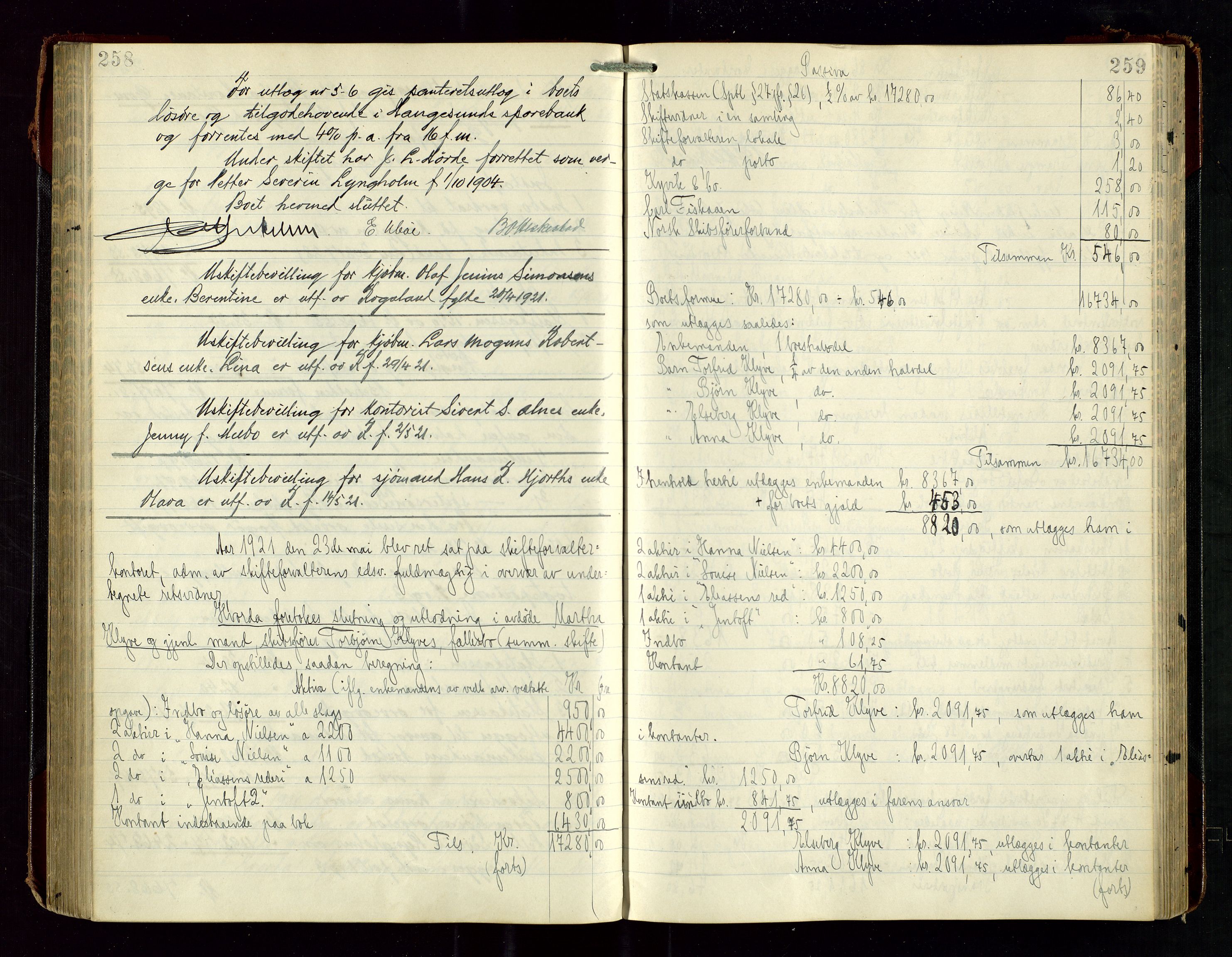 Haugesund tingrett, SAST/A-101415/01/IV/IVD/L0003: Skifteutlodningsprotokoll, med register, 1915-1924, p. 258-259