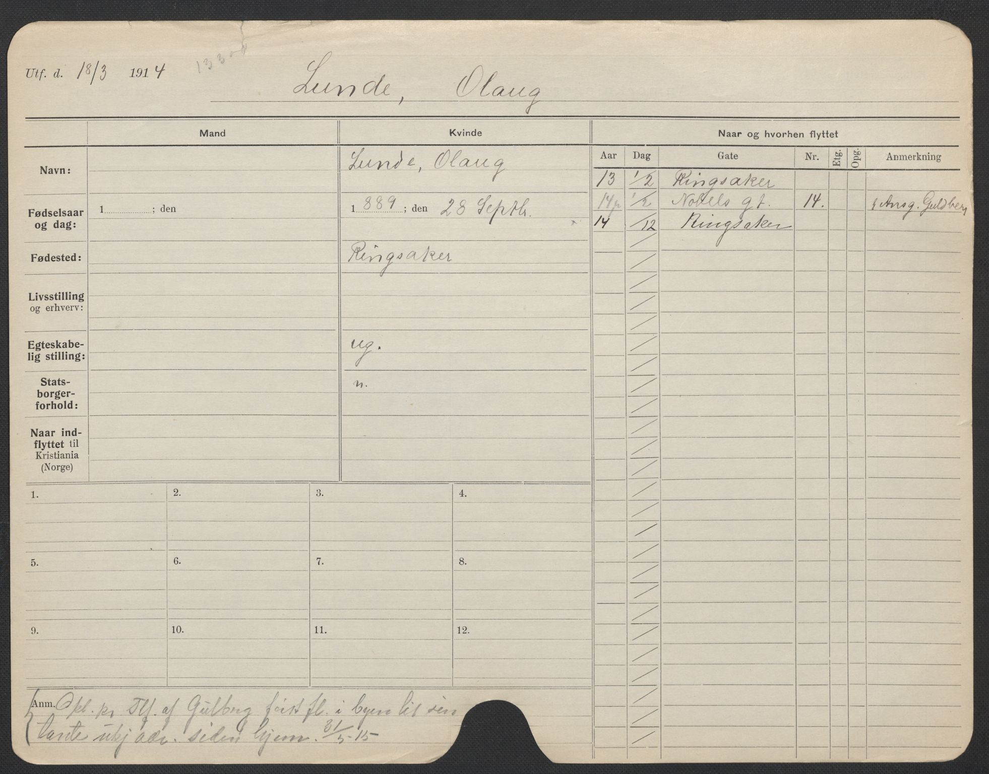 Oslo folkeregister, Registerkort, AV/SAO-A-11715/F/Fa/Fac/L0020: Kvinner, 1906-1914, p. 322a