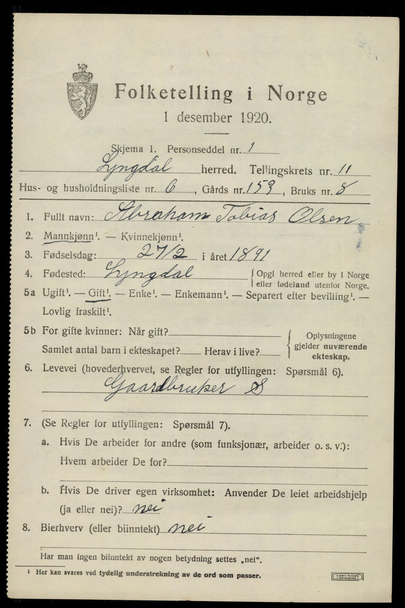 SAK, 1920 census for Lyngdal, 1920, p. 5337