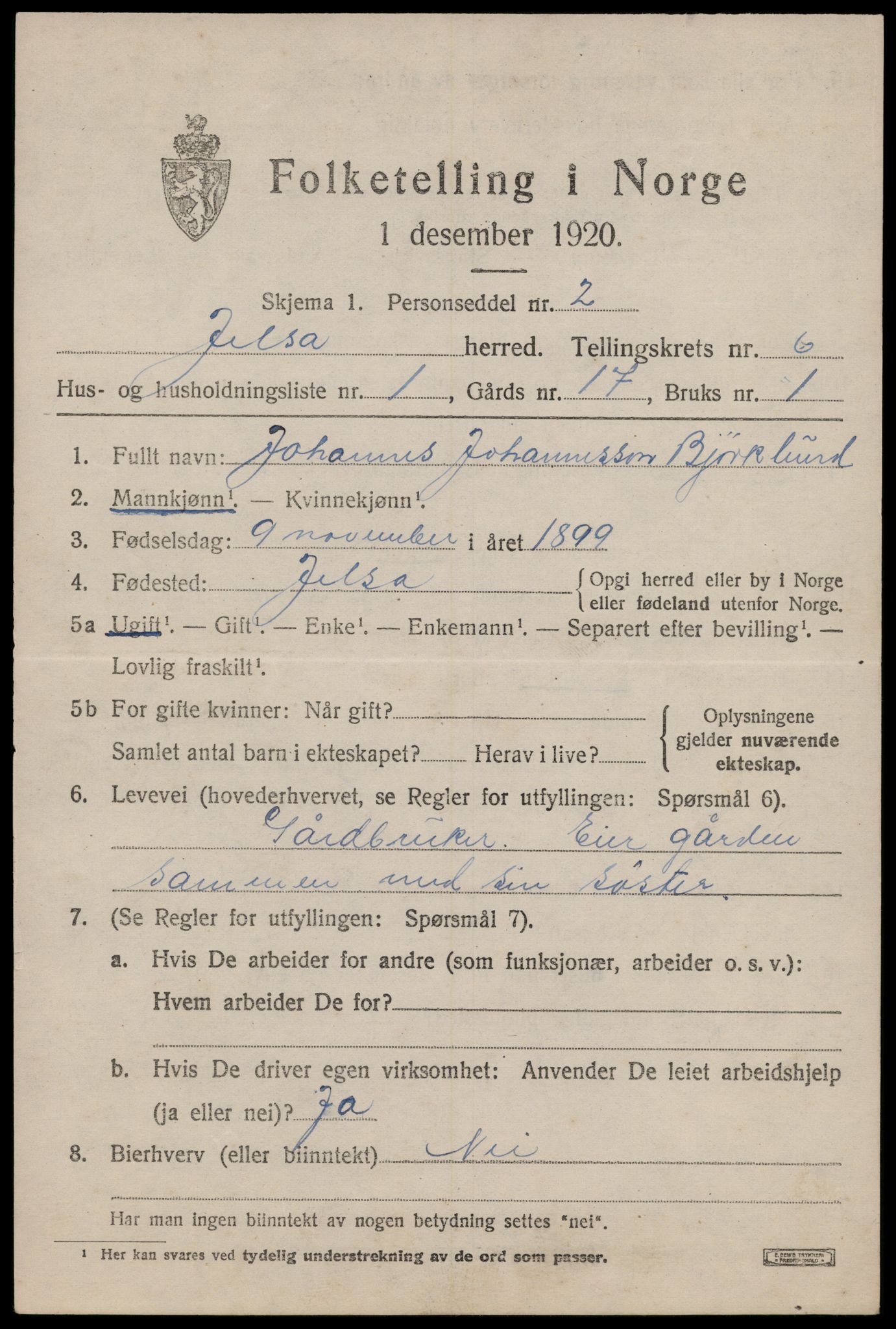 SAST, 1920 census for Jelsa, 1920, p. 1654