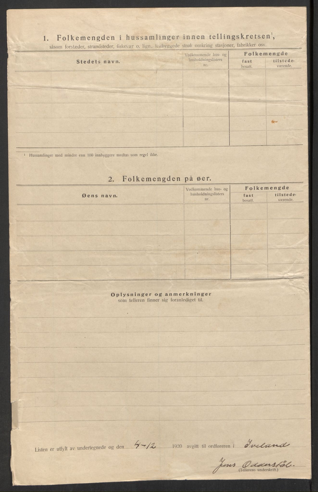 SAK, 1920 census for Iveland, 1920, p. 11