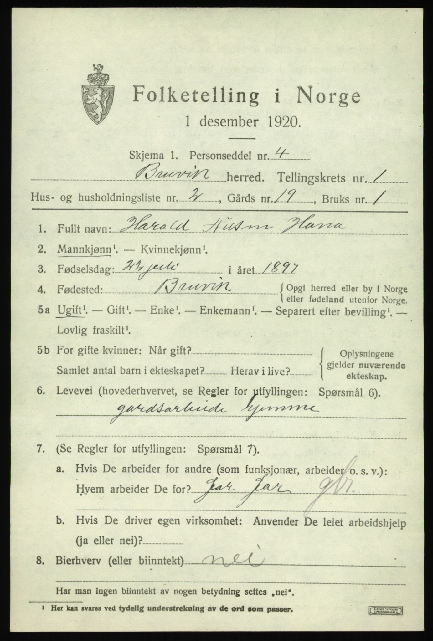 SAB, 1920 census for Bruvik, 1920, p. 1112