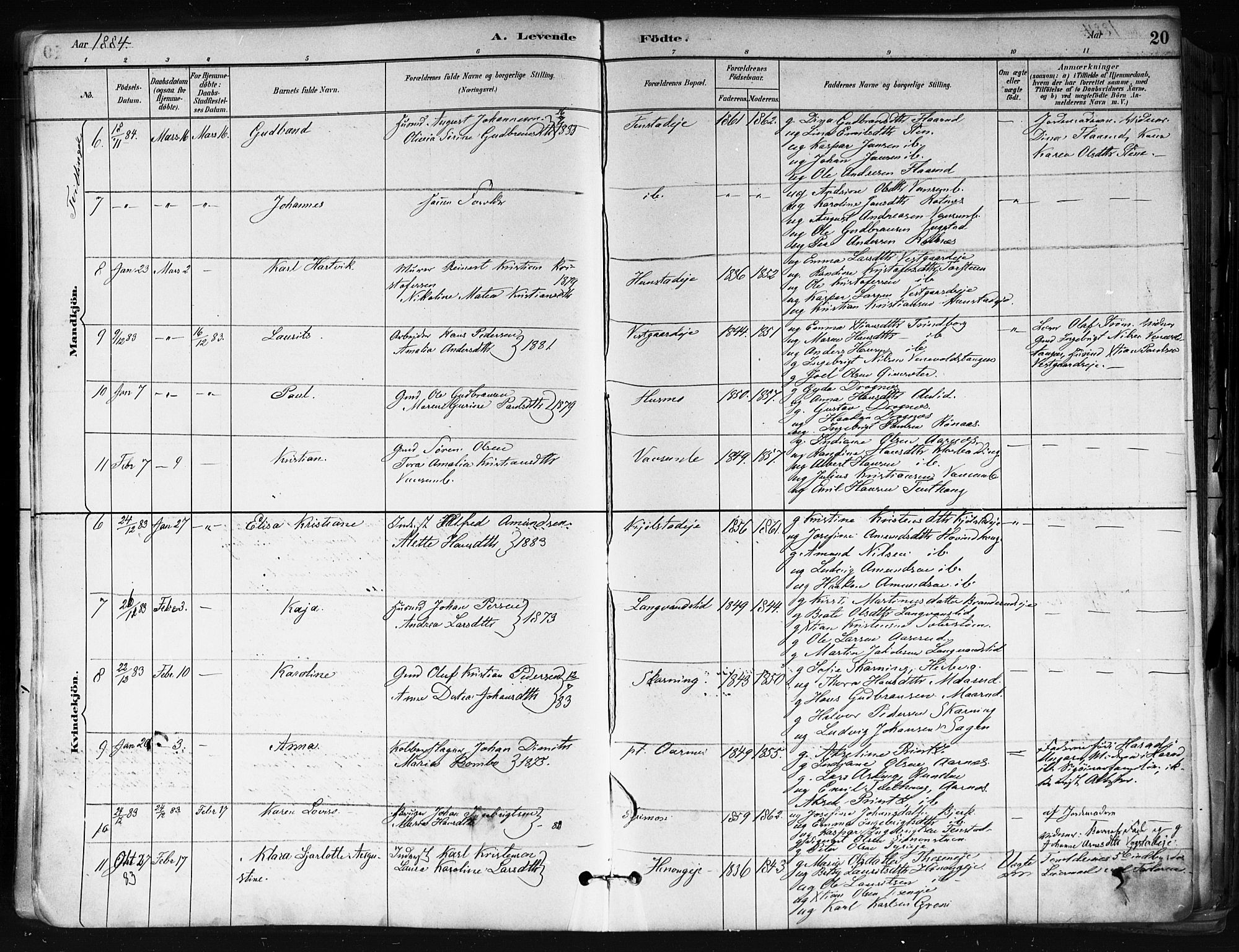 Nes prestekontor Kirkebøker, AV/SAO-A-10410/F/Fa/L0010: Parish register (official) no. I 10, 1883-1898, p. 20