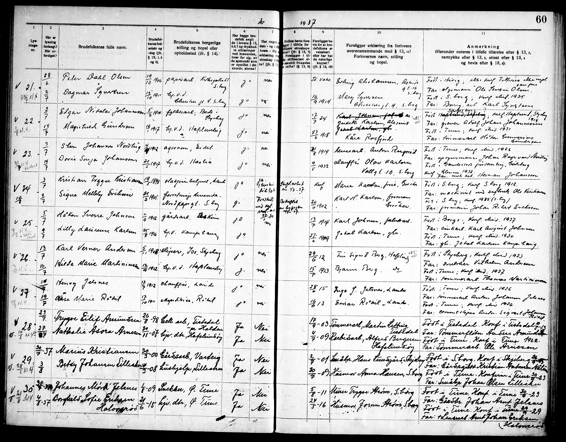Tune prestekontor Kirkebøker, AV/SAO-A-2007/H/Ha/L0001: Banns register no. I 1, 1919-1946, p. 60