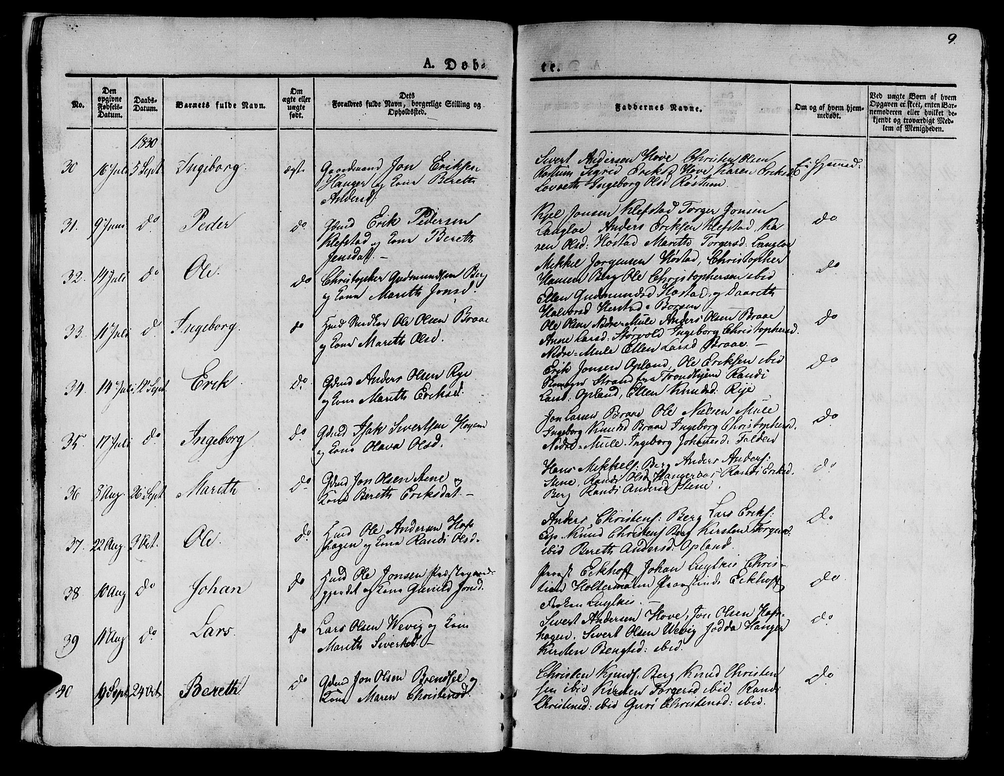 Ministerialprotokoller, klokkerbøker og fødselsregistre - Sør-Trøndelag, SAT/A-1456/612/L0374: Parish register (official) no. 612A07 /1, 1829-1845, p. 9