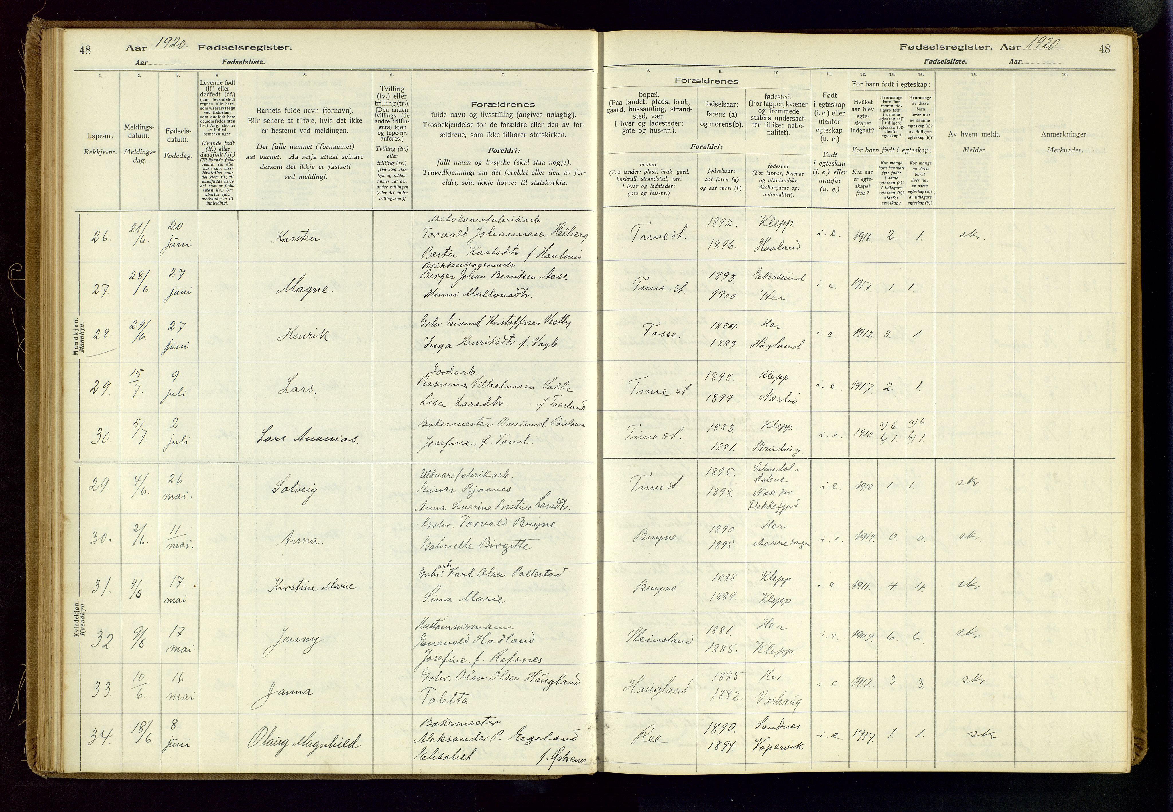 Time sokneprestkontor, AV/SAST-A-101795/001/704BA/L0001: Birth register no. 1, 1916-1934, p. 48