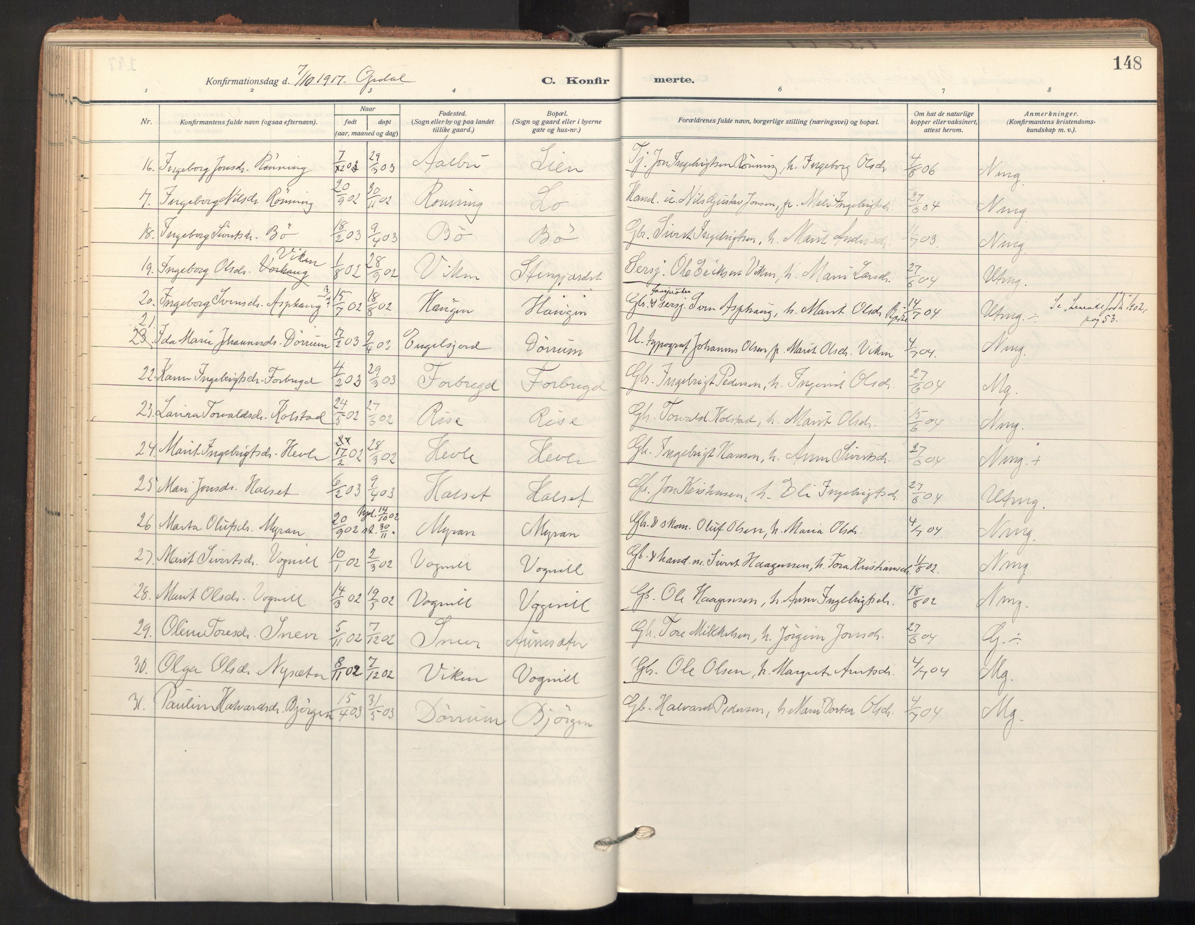 Ministerialprotokoller, klokkerbøker og fødselsregistre - Sør-Trøndelag, SAT/A-1456/678/L0909: Parish register (official) no. 678A17, 1912-1930, p. 148
