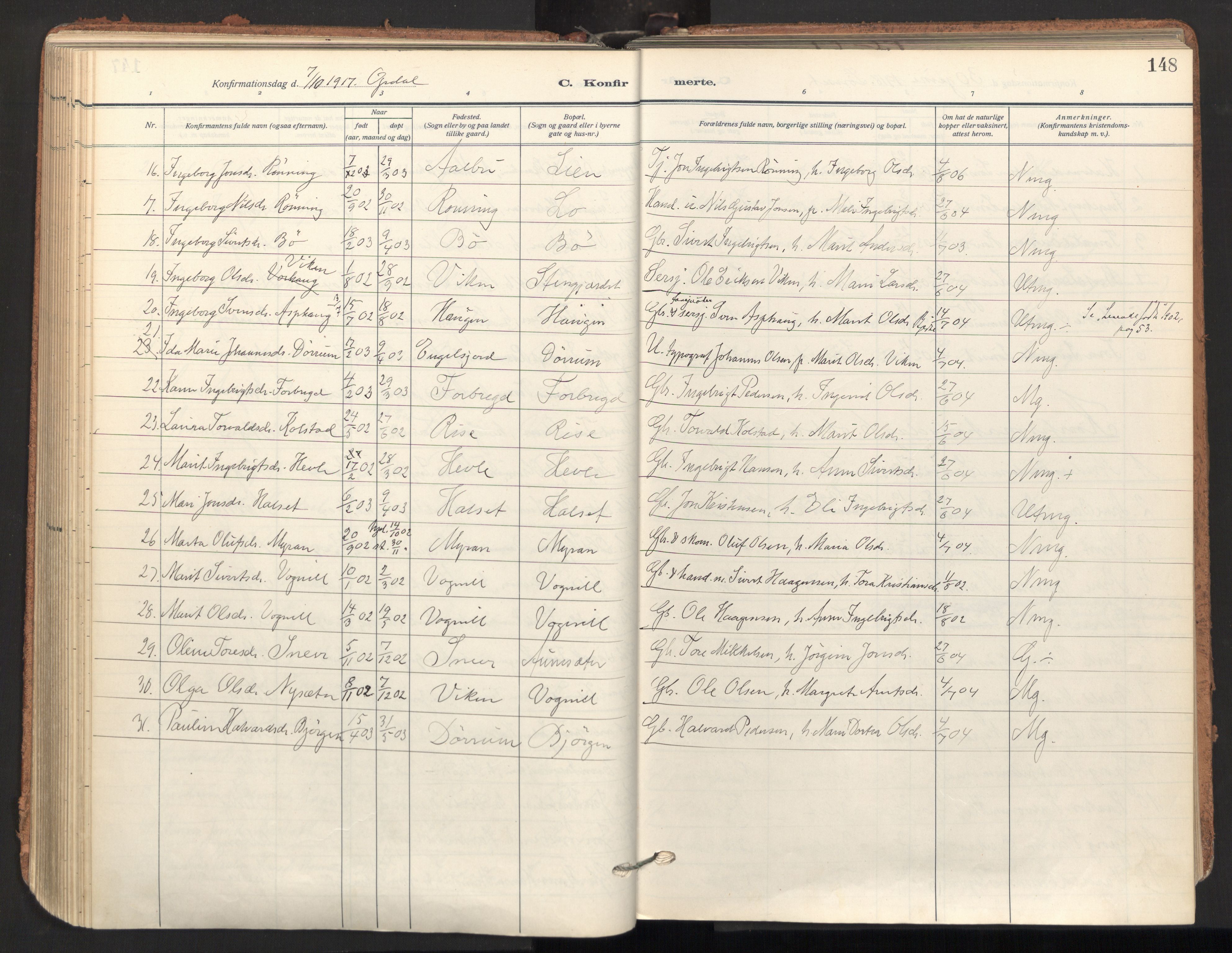 Ministerialprotokoller, klokkerbøker og fødselsregistre - Sør-Trøndelag, AV/SAT-A-1456/678/L0909: Parish register (official) no. 678A17, 1912-1930, p. 148