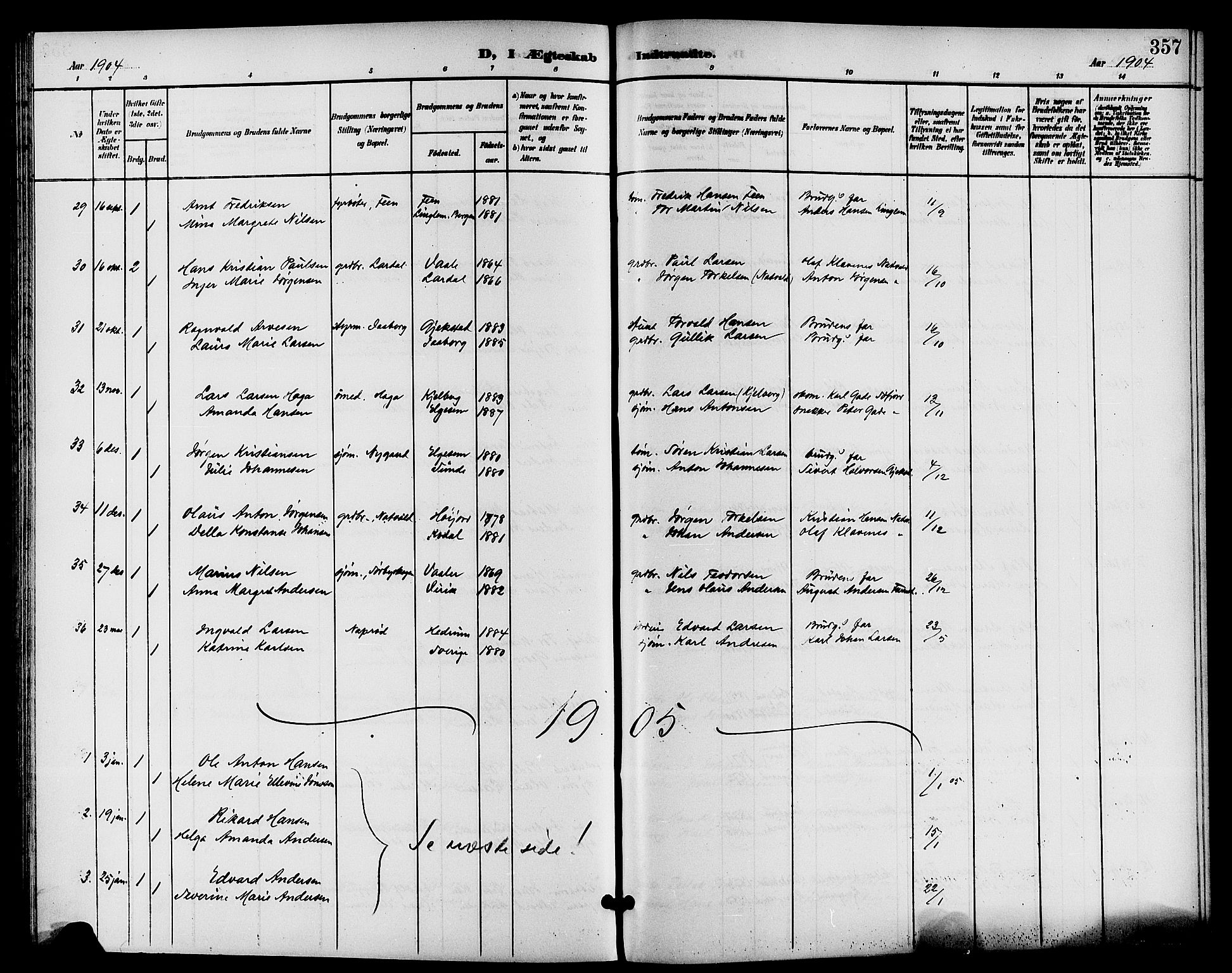 Sandar kirkebøker, AV/SAKO-A-243/G/Ga/L0002: Parish register (copy) no. 2, 1900-1915, p. 357