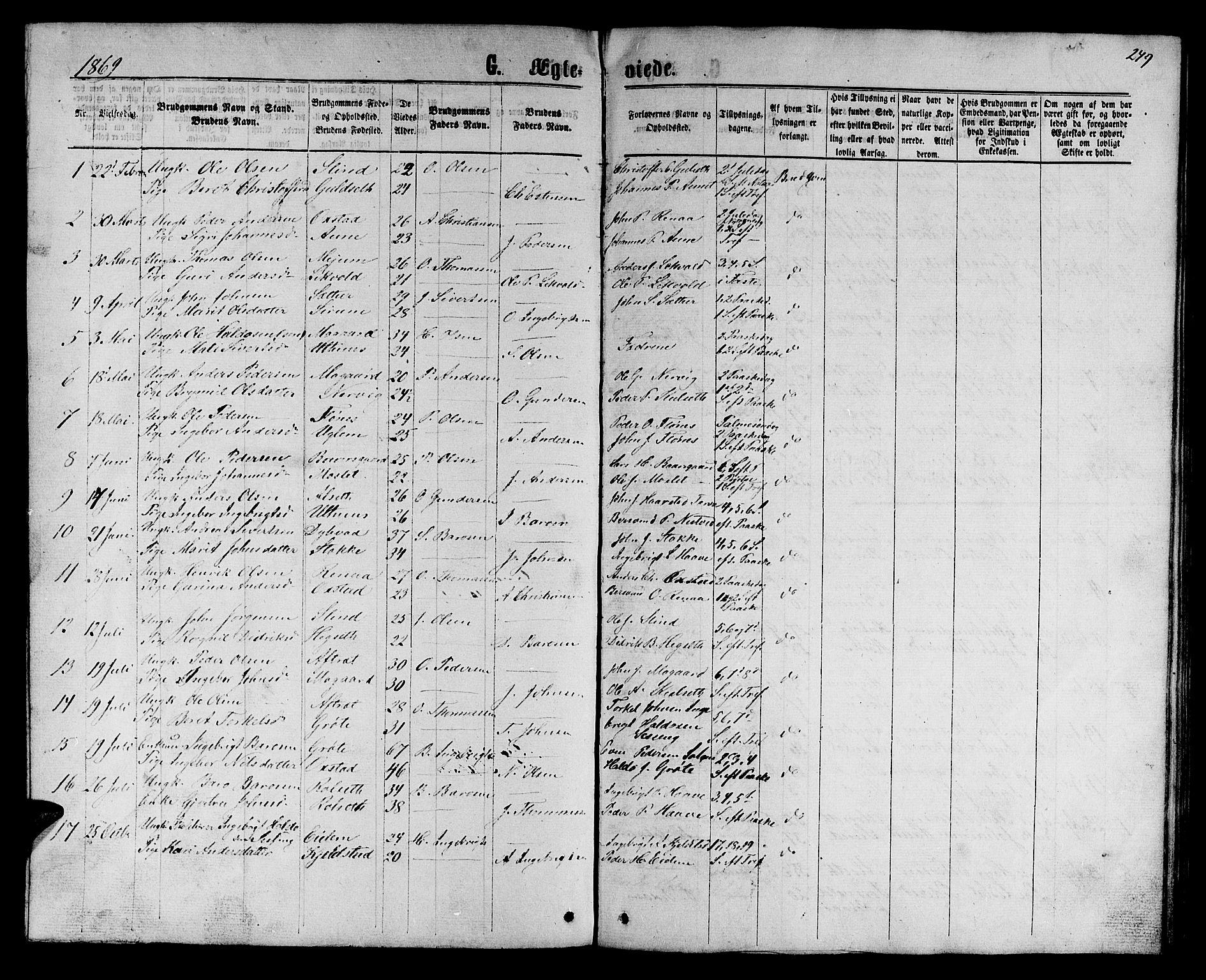 Ministerialprotokoller, klokkerbøker og fødselsregistre - Sør-Trøndelag, SAT/A-1456/695/L1156: Parish register (copy) no. 695C07, 1869-1888, p. 249