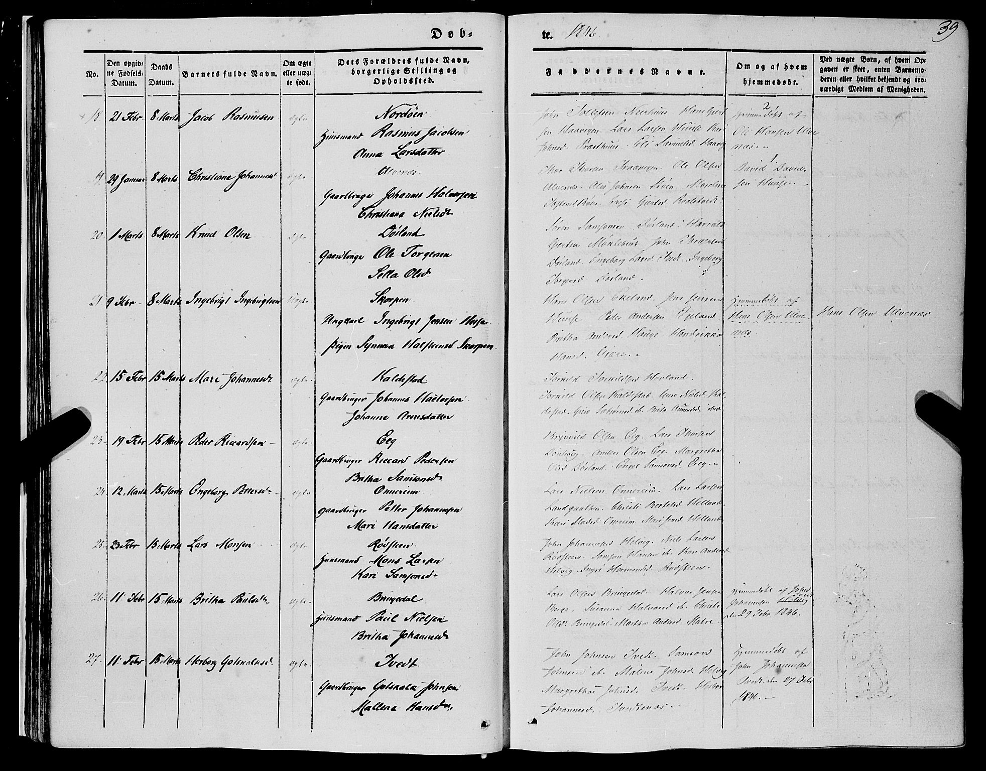 Kvinnherad sokneprestembete, SAB/A-76401/H/Haa: Parish register (official) no. A 7, 1843-1853, p. 39
