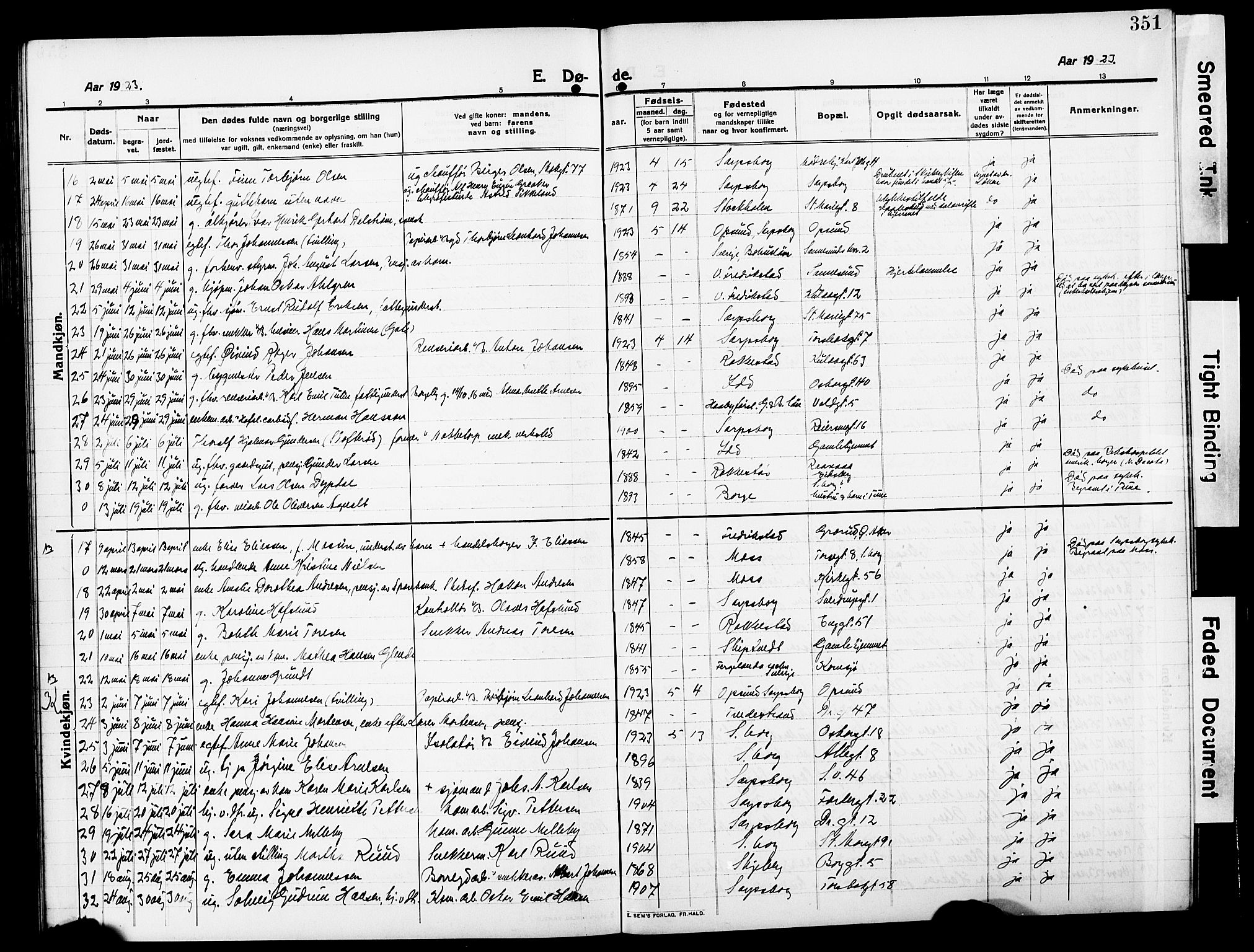 Sarpsborg prestekontor Kirkebøker, AV/SAO-A-2006/G/Ga/L0002: Parish register (copy) no. 2, 1912-1931, p. 351