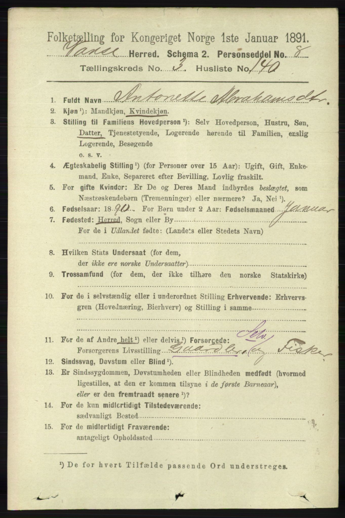 RA, 1891 census for 1041 Vanse, 1891, p. 2037