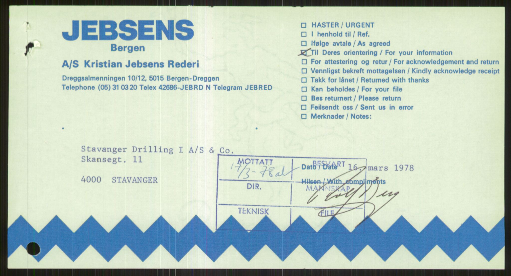 Pa 1503 - Stavanger Drilling AS, SAST/A-101906/D/L0005: Korrespondanse og saksdokumenter, 1974-1985, p. 705