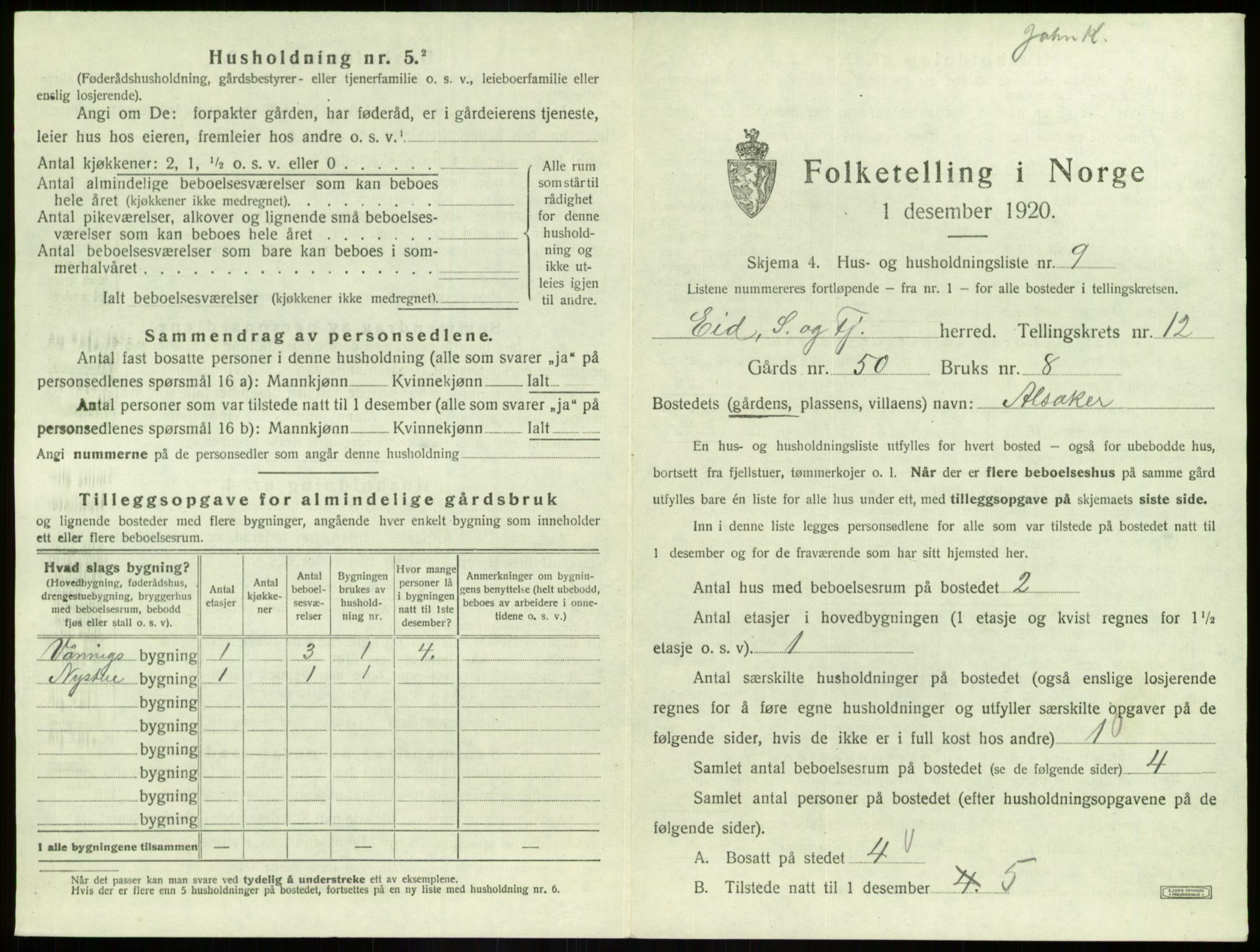 SAB, 1920 census for Eid, 1920, p. 1016