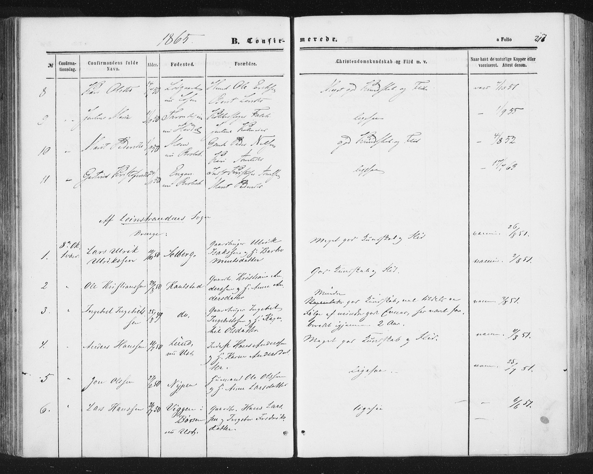 Ministerialprotokoller, klokkerbøker og fødselsregistre - Sør-Trøndelag, AV/SAT-A-1456/691/L1077: Parish register (official) no. 691A09, 1862-1873, p. 217