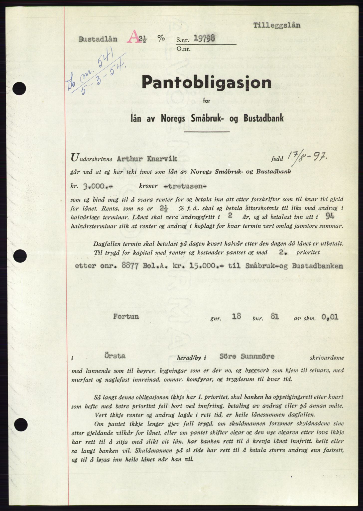 Søre Sunnmøre sorenskriveri, AV/SAT-A-4122/1/2/2C/L0124: Mortgage book no. 12B, 1953-1954, Diary no: : 541/1954