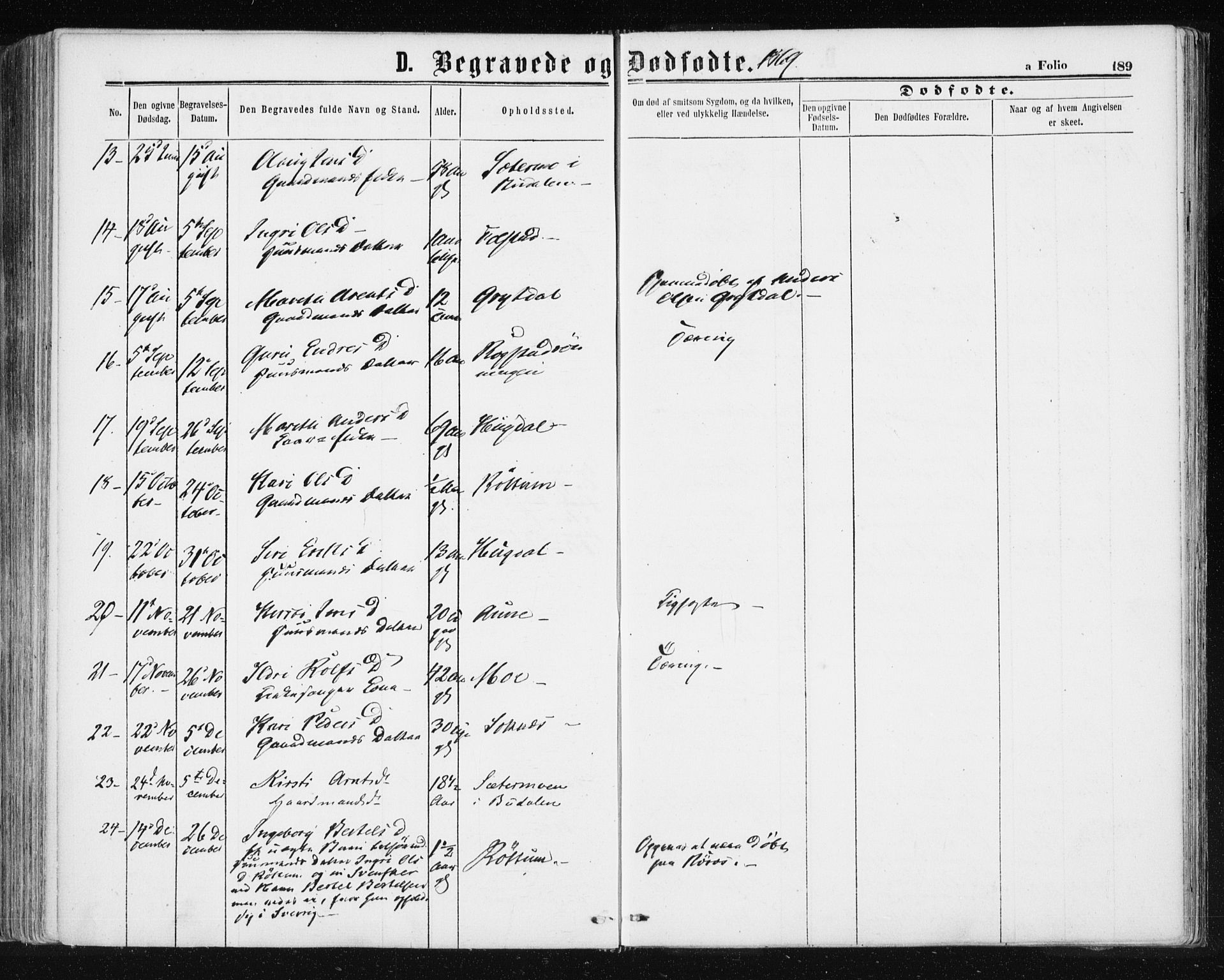 Ministerialprotokoller, klokkerbøker og fødselsregistre - Sør-Trøndelag, SAT/A-1456/687/L1001: Parish register (official) no. 687A07, 1863-1878, p. 189