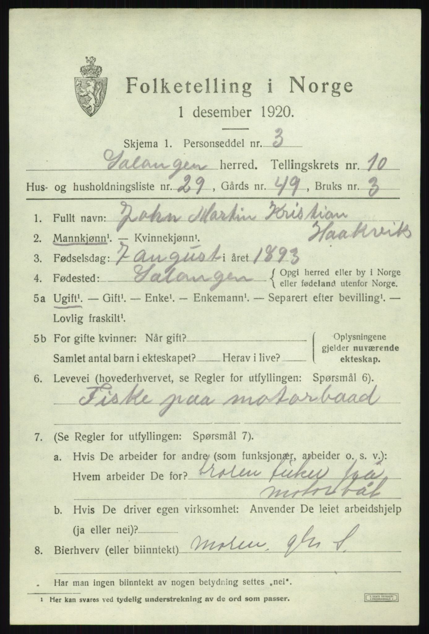 SATØ, 1920 census for Salangen, 1920, p. 6612