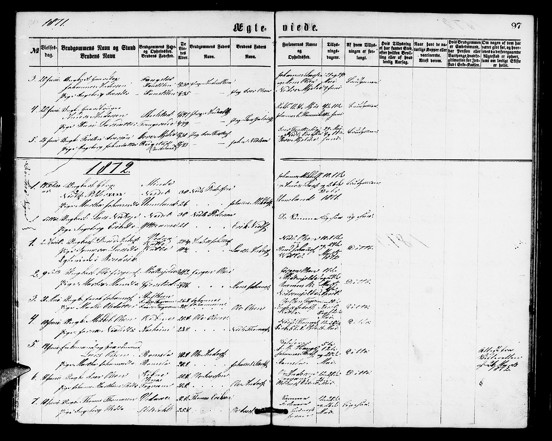 Haus sokneprestembete, AV/SAB-A-75601/H/Hab: Parish register (copy) no. B 1, 1869-1878, p. 97