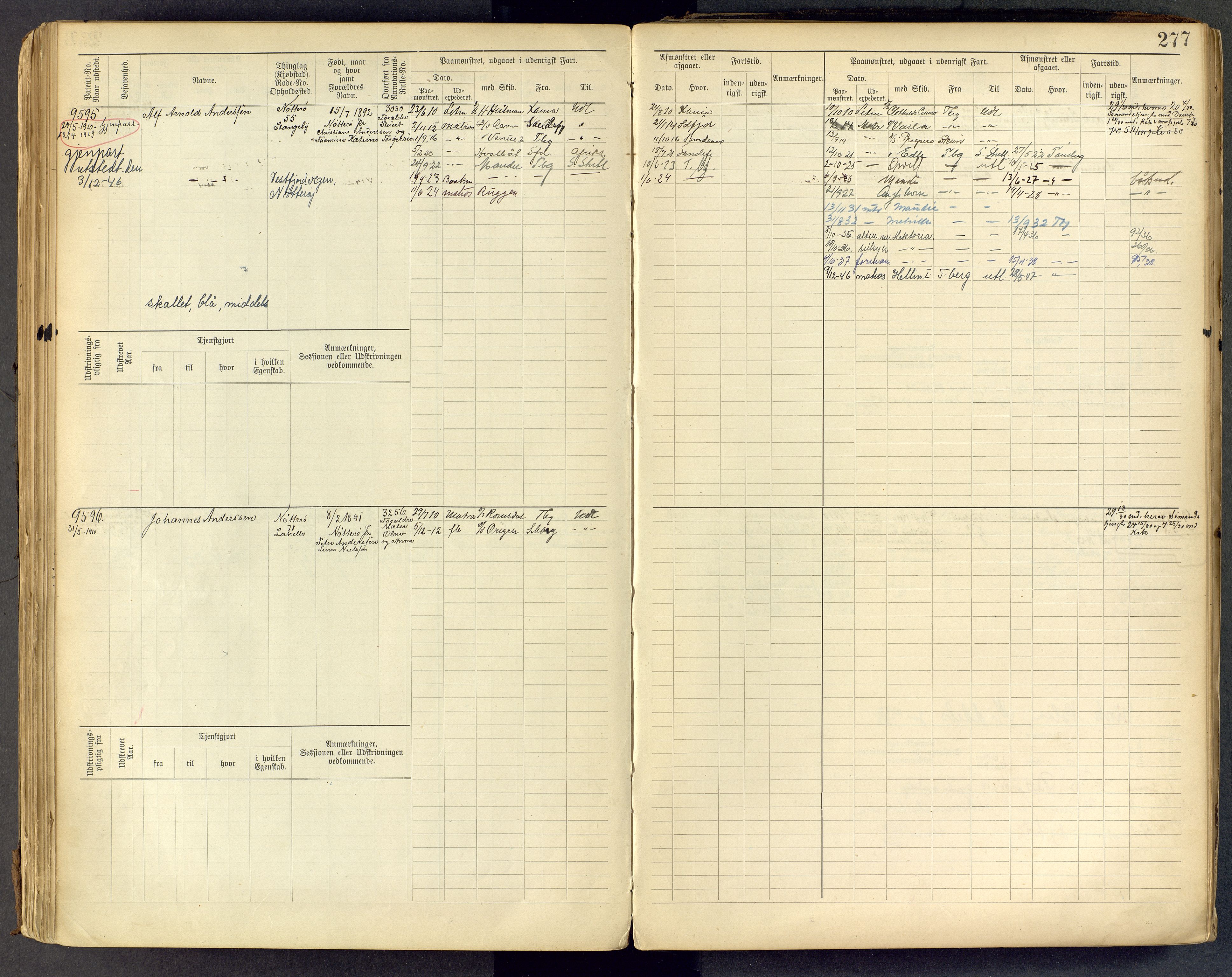 Tønsberg innrulleringskontor, AV/SAKO-A-786/F/Fc/Fcb/L0009: Hovedrulle Patent nr. 9043-9992, 1900-1921, p. 277