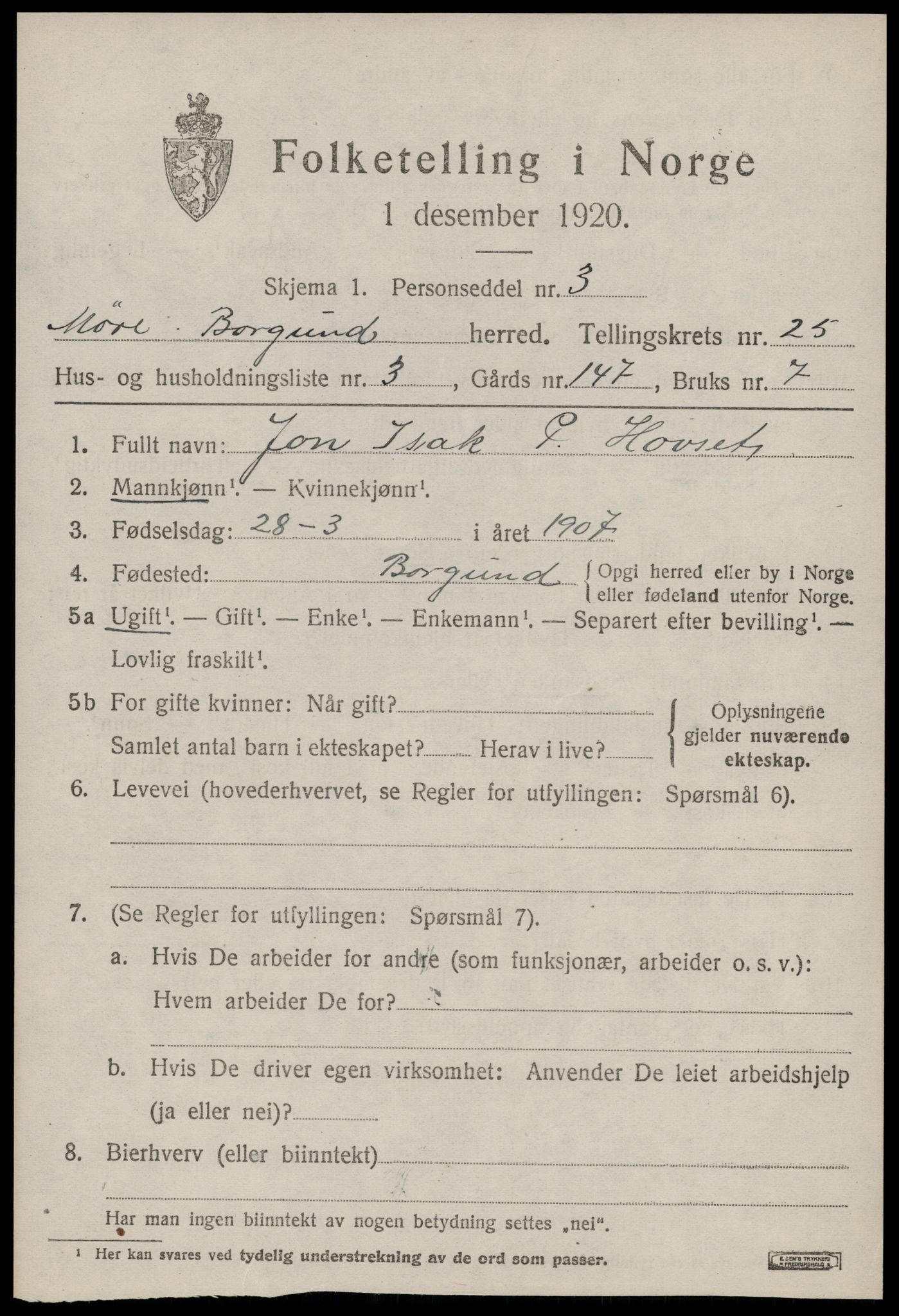 SAT, 1920 census for Borgund, 1920, p. 16814