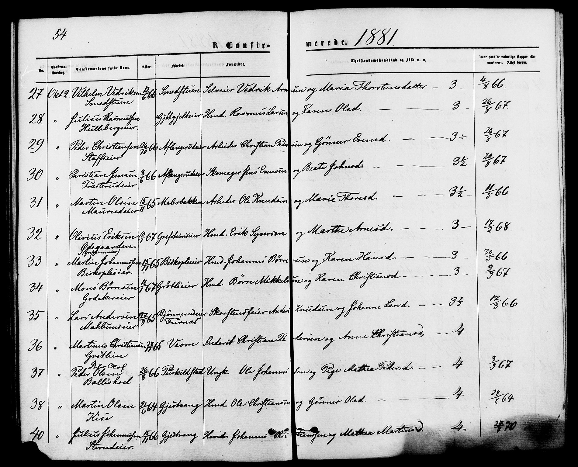 Nes prestekontor, Hedmark, SAH/PREST-020/K/Ka/L0006: Parish register (official) no. 6, 1873-1886, p. 54
