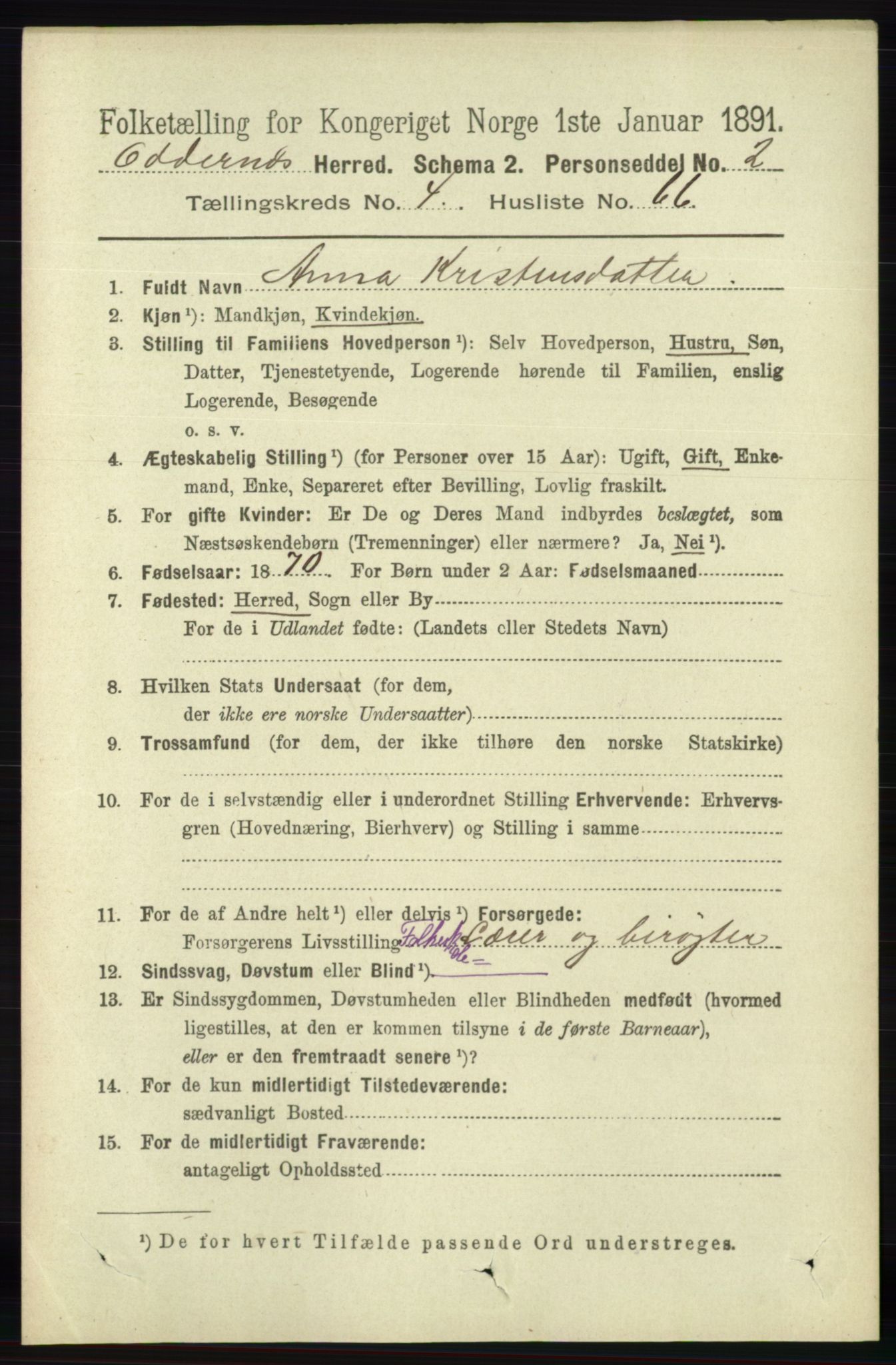 RA, 1891 census for 1012 Oddernes, 1891, p. 1705