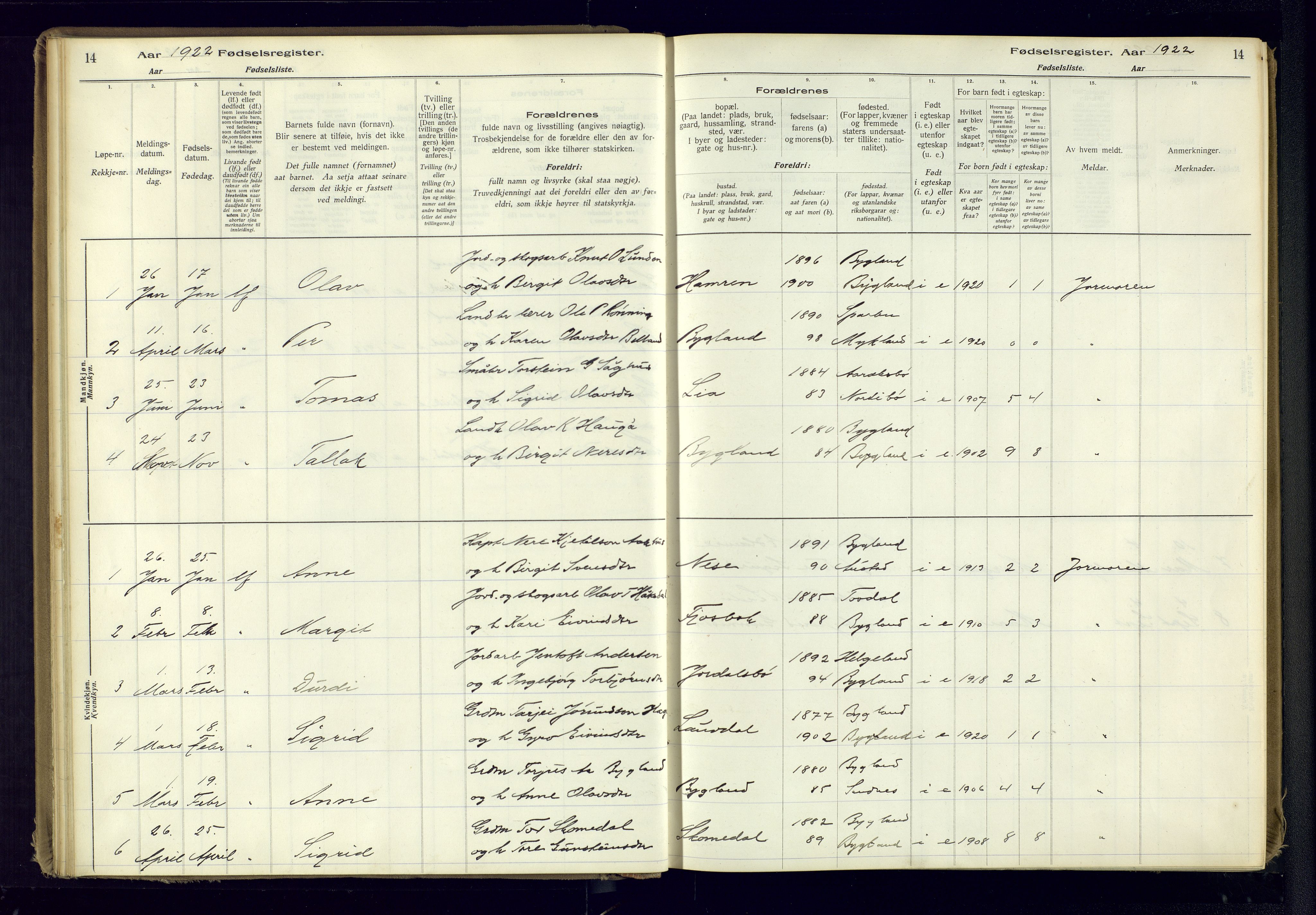 Bygland sokneprestkontor, SAK/1111-0006/J/Ja/L0001: Birth register no. II.4.2, 1916-1982, p. 14