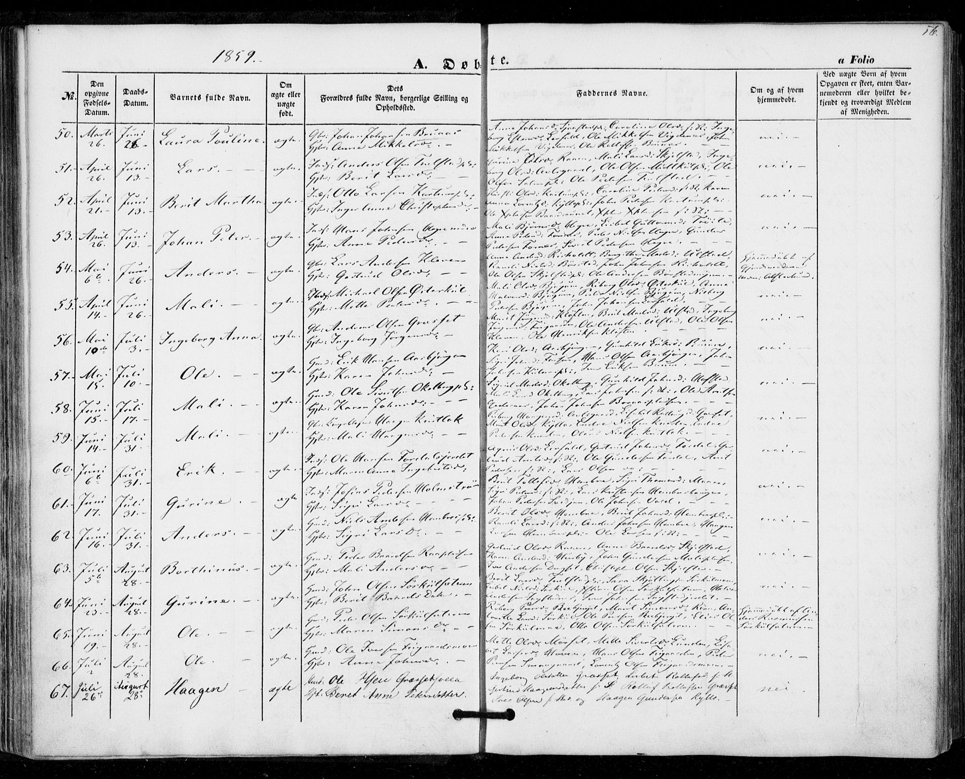 Ministerialprotokoller, klokkerbøker og fødselsregistre - Nord-Trøndelag, SAT/A-1458/703/L0028: Parish register (official) no. 703A01, 1850-1862, p. 56