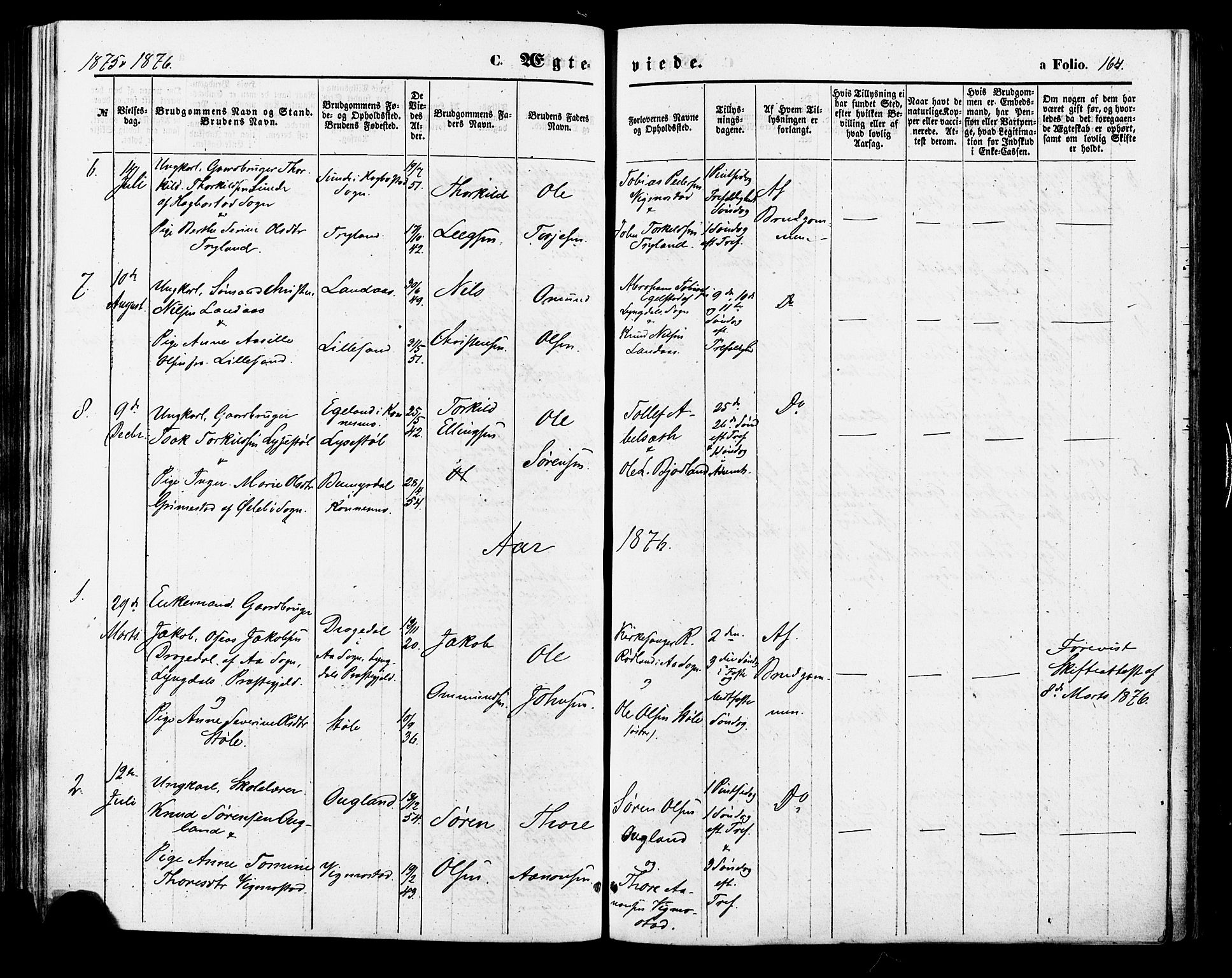 Nord-Audnedal sokneprestkontor, SAK/1111-0032/F/Fa/Fab/L0002: Parish register (official) no. A 2, 1859-1882, p. 164