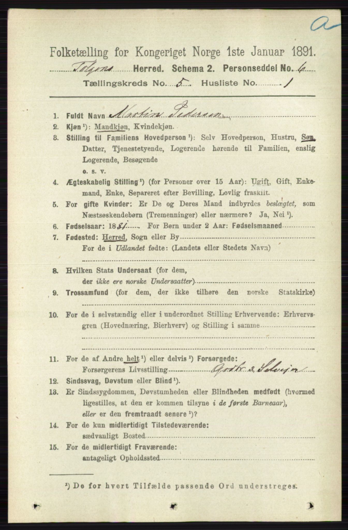 RA, 1891 census for 0436 Tolga, 1891, p. 1298