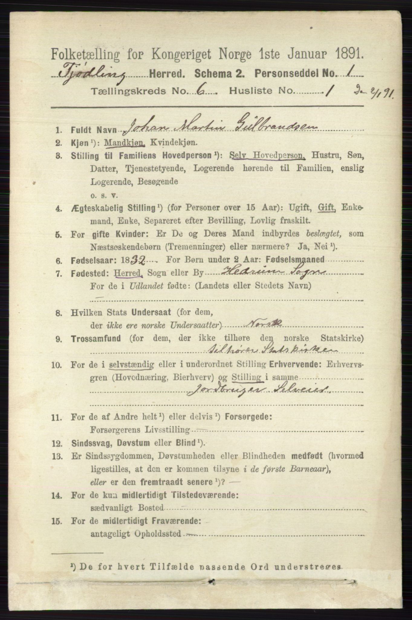 RA, 1891 census for 0725 Tjølling, 1891, p. 2901