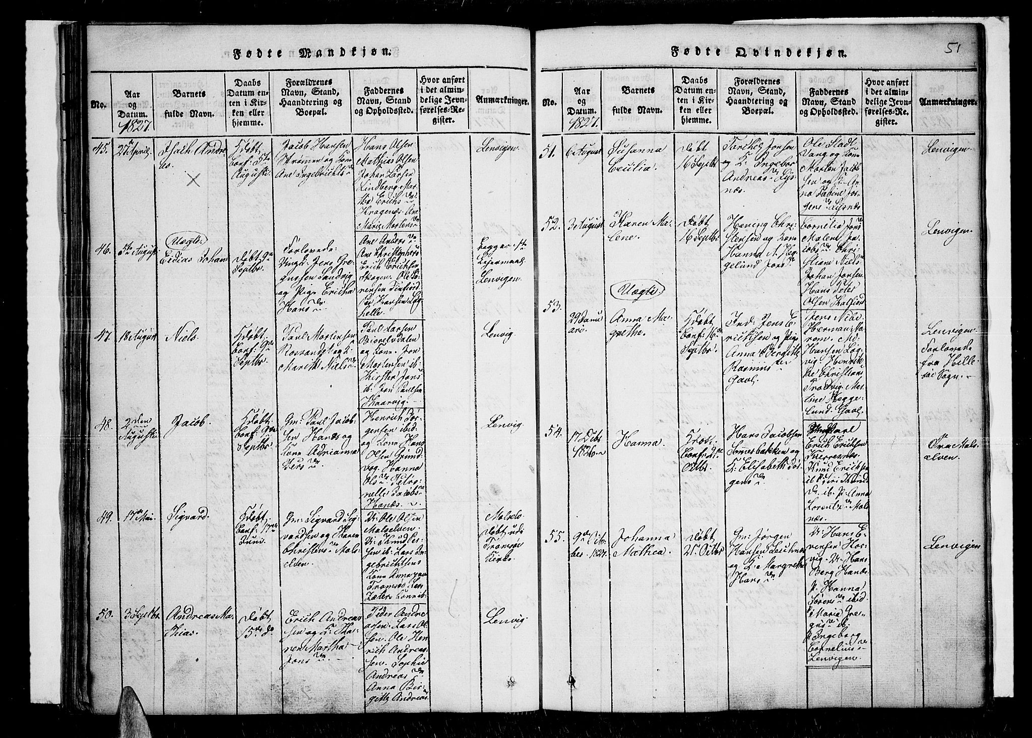 Lenvik sokneprestembete, SATØ/S-1310/H/Ha/Haa/L0003kirke: Parish register (official) no. 3, 1820-1831, p. 51