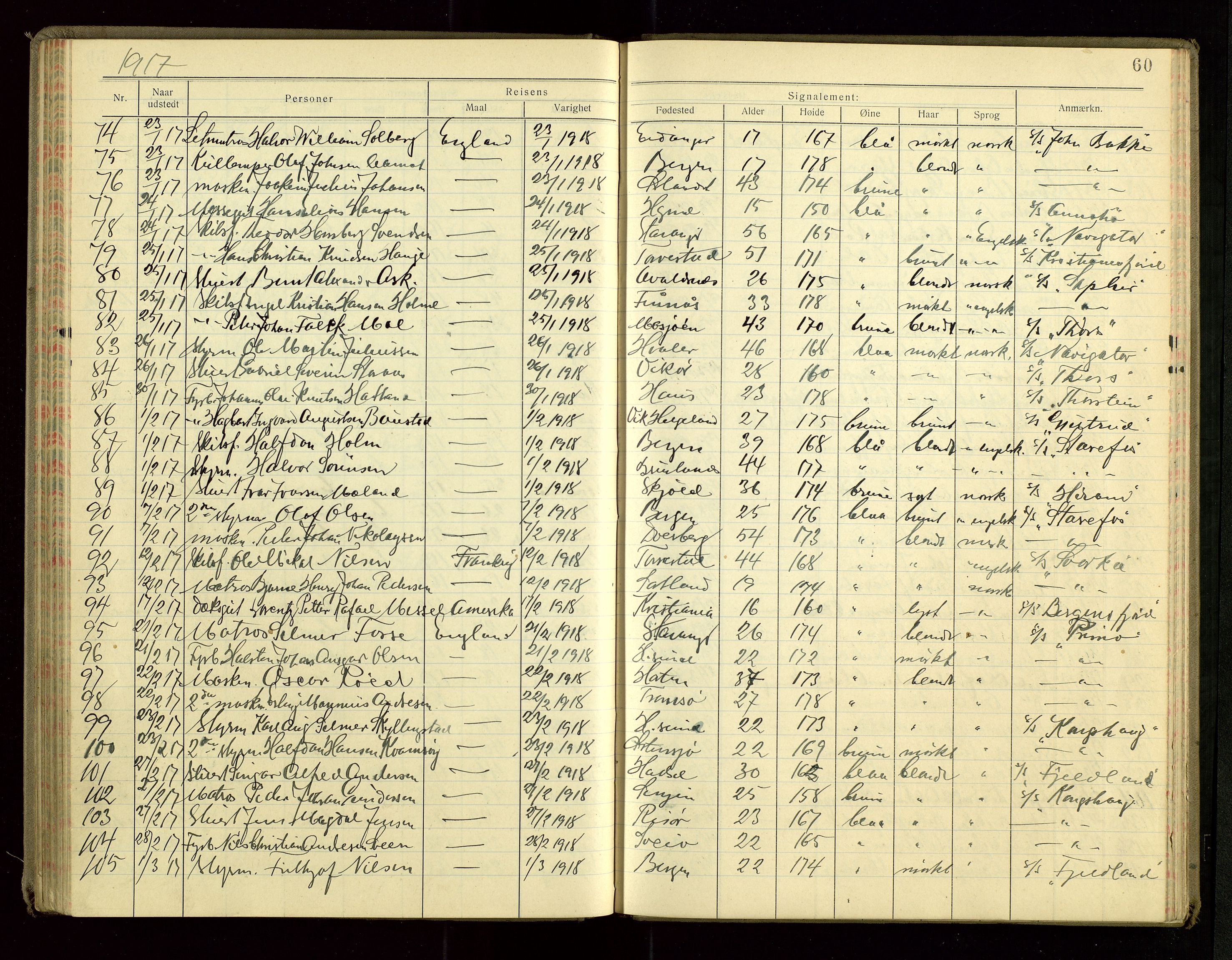 Haugesund politikammer, AV/SAST-A-100440/K/L0001: Passprotokoll 7. 5. 1912-5. 3. 1919, 1912-1919, p. 60