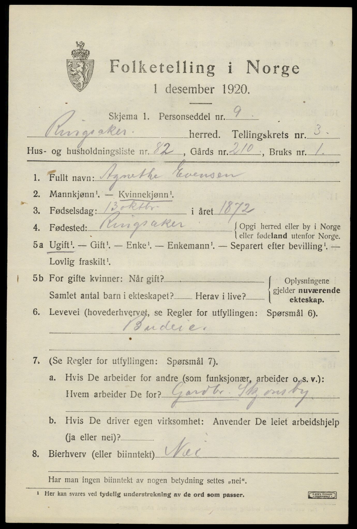 SAH, 1920 census for Ringsaker, 1920, p. 8558