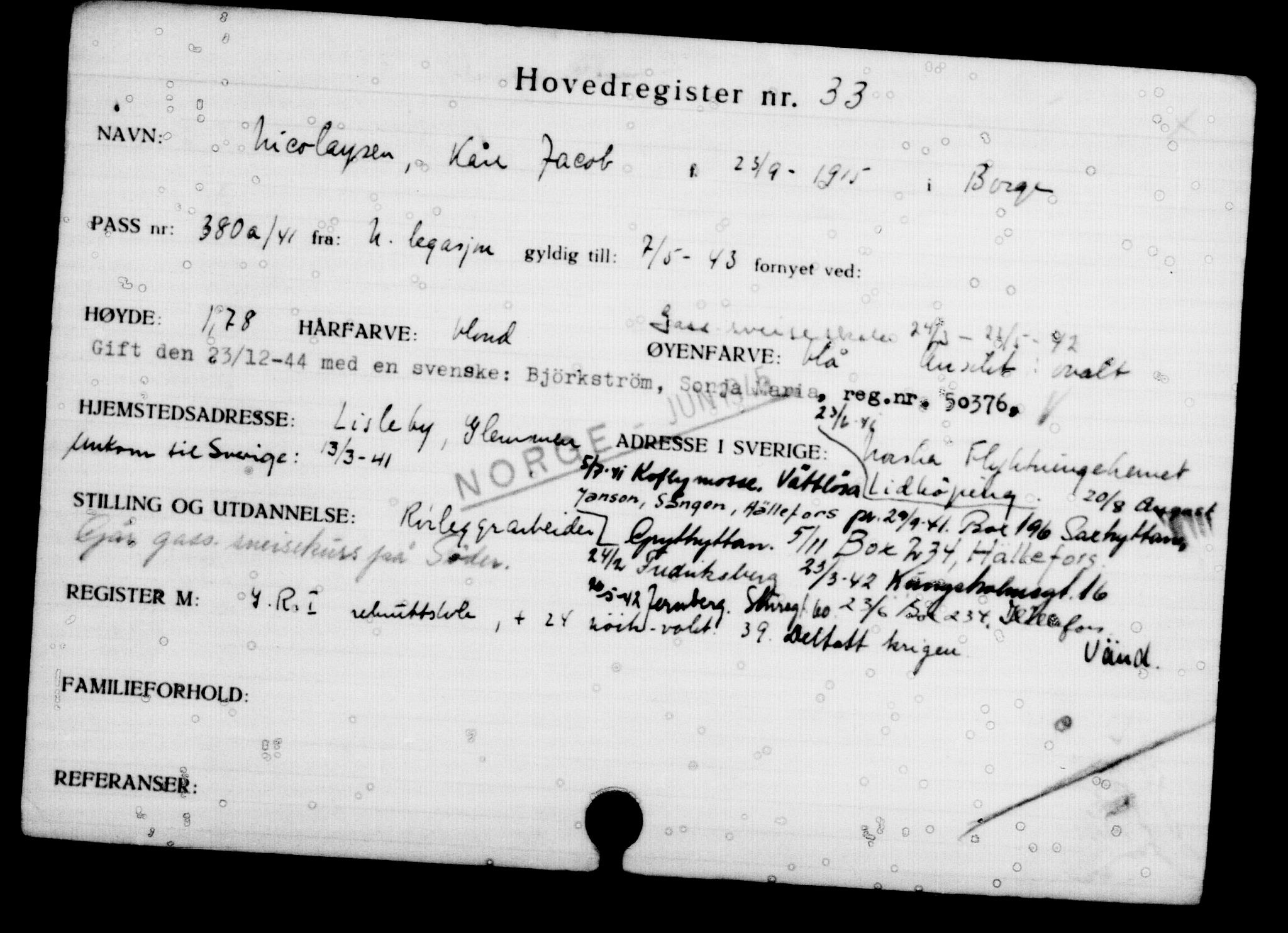 Utenriksstasjonene, Legasjonen i Stockholm, Flyktningkontoret, AV/RA-S-6753/V/Va/L0001: Kjesäterkartoteket, flyktninger med registreringsnr. 1-1000, 1940-1945, p. 53