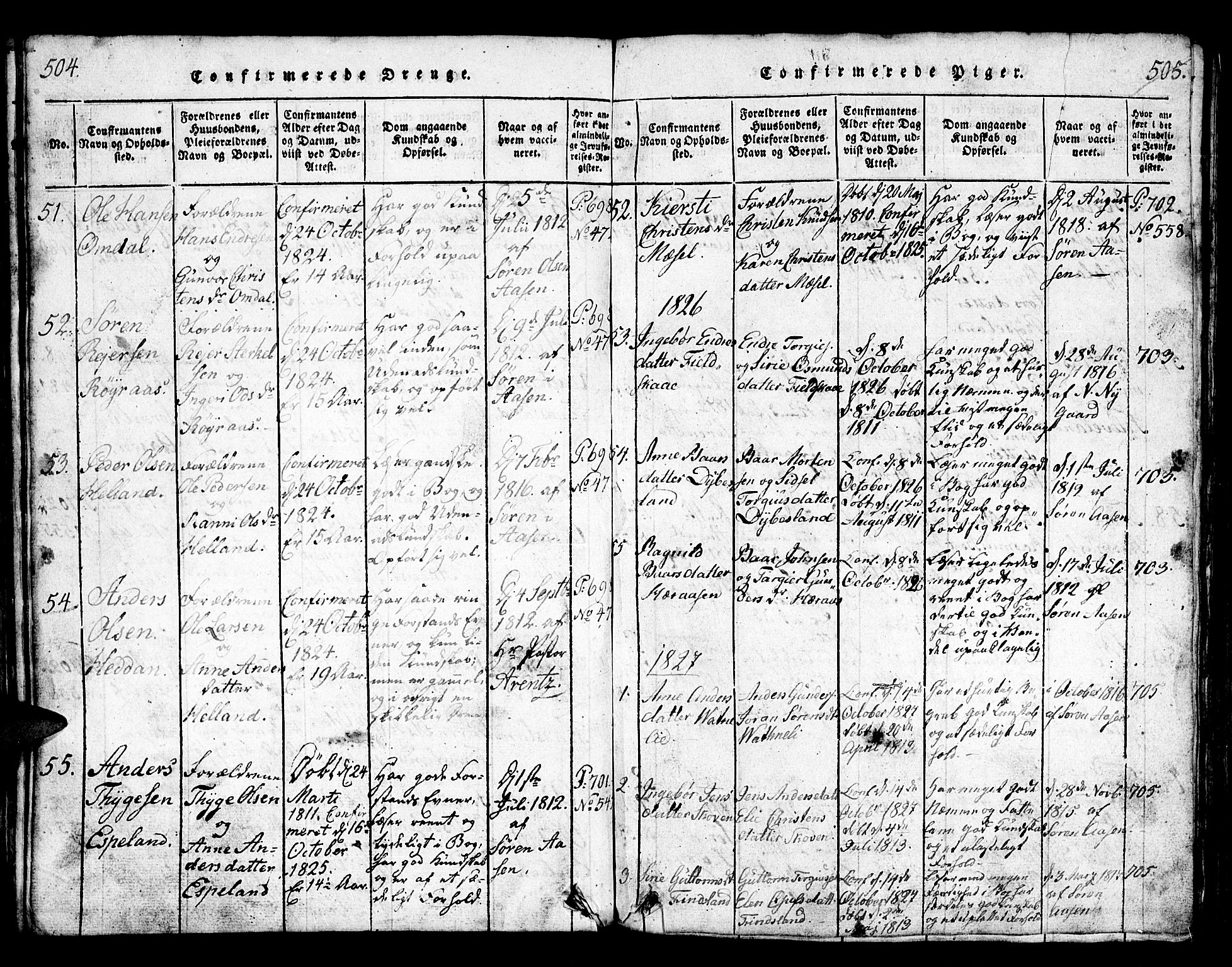 Bjelland sokneprestkontor, SAK/1111-0005/F/Fb/Fbb/L0003: Parish register (copy) no. B 3, 1816-1868, p. 504-505
