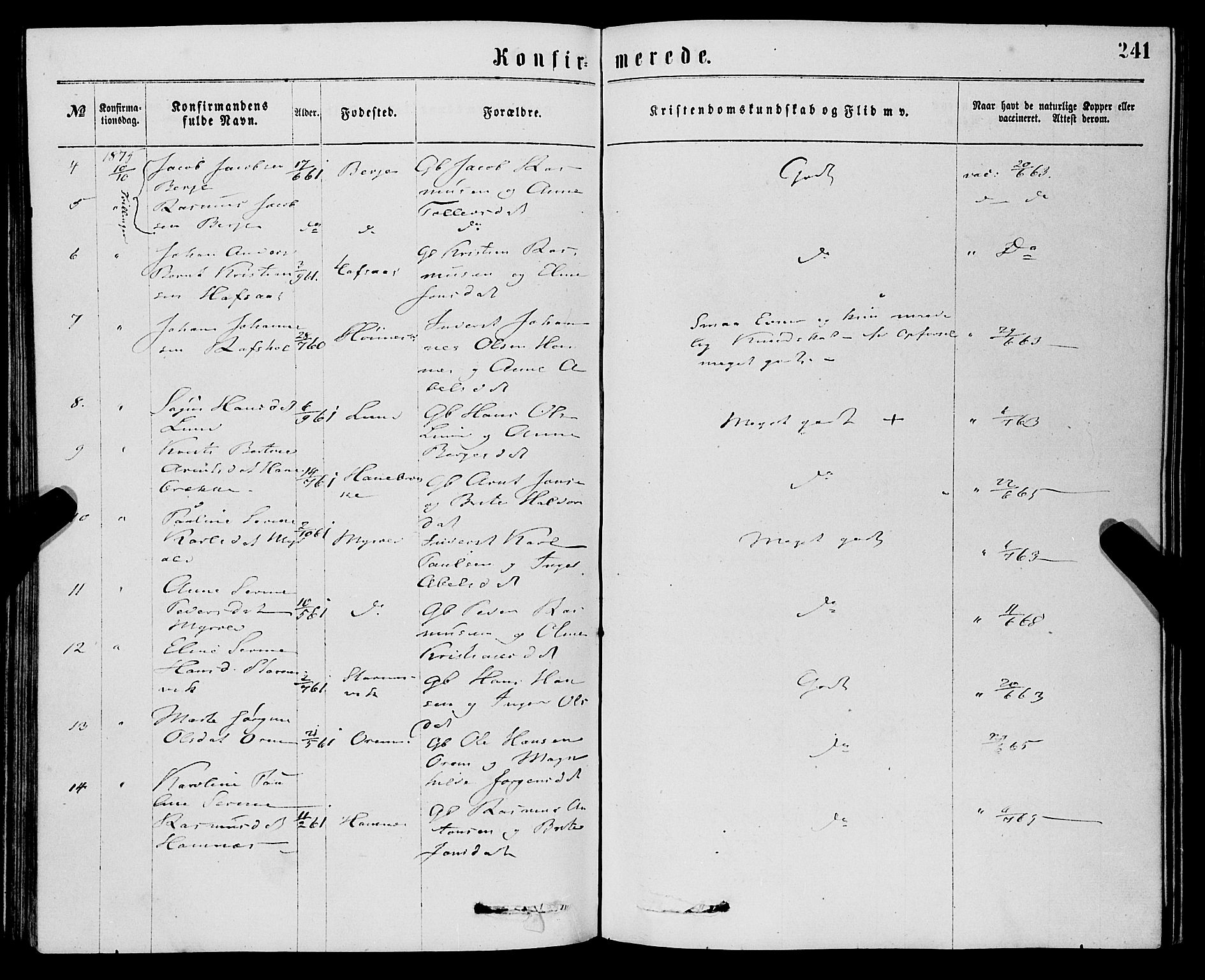 Eid sokneprestembete, AV/SAB-A-82301/H/Haa/Haaa/L0010: Parish register (official) no. A 10, 1867-1878, p. 241