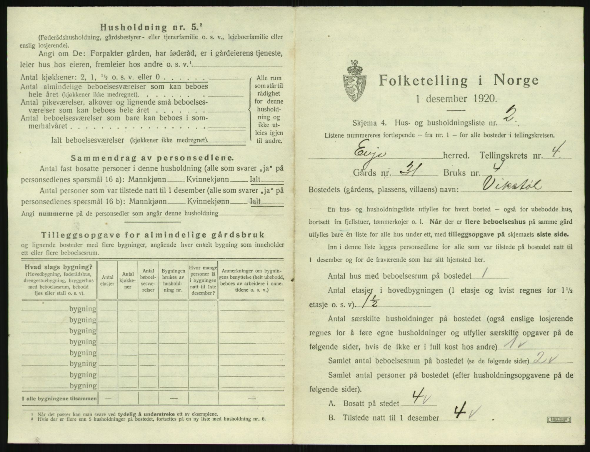 SAK, 1920 census for Evje, 1920, p. 164