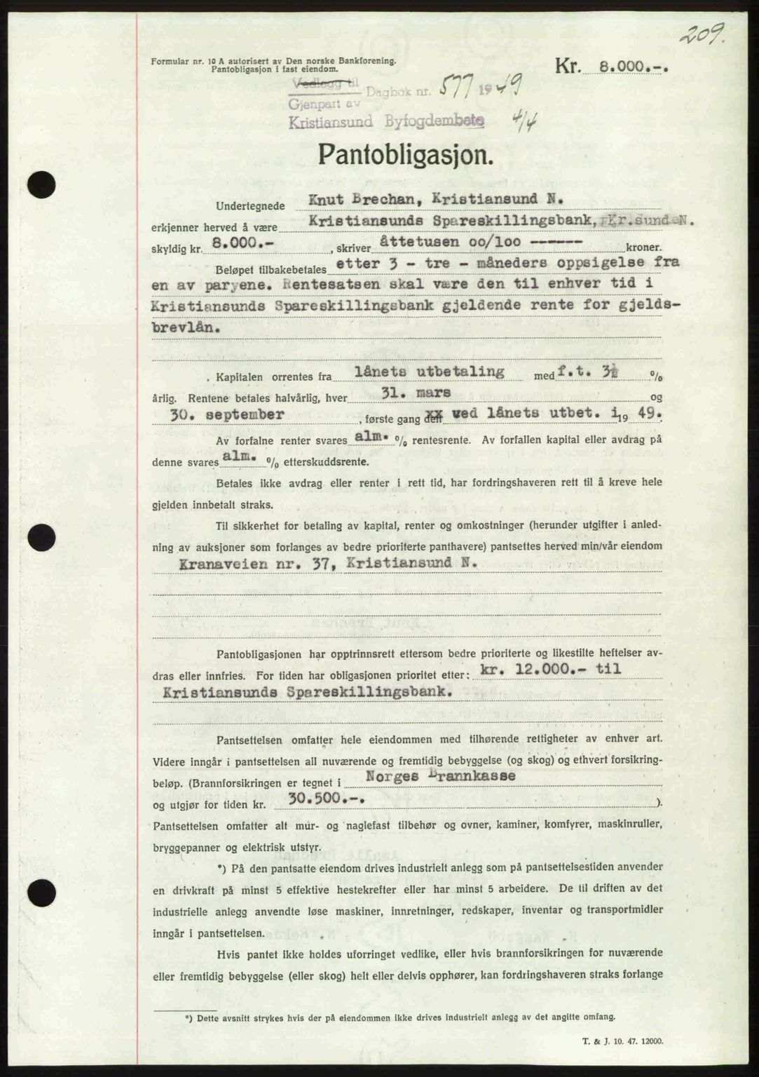 Kristiansund byfogd, AV/SAT-A-4587/A/27: Mortgage book no. 45, 1948-1949, Diary no: : 577/1949