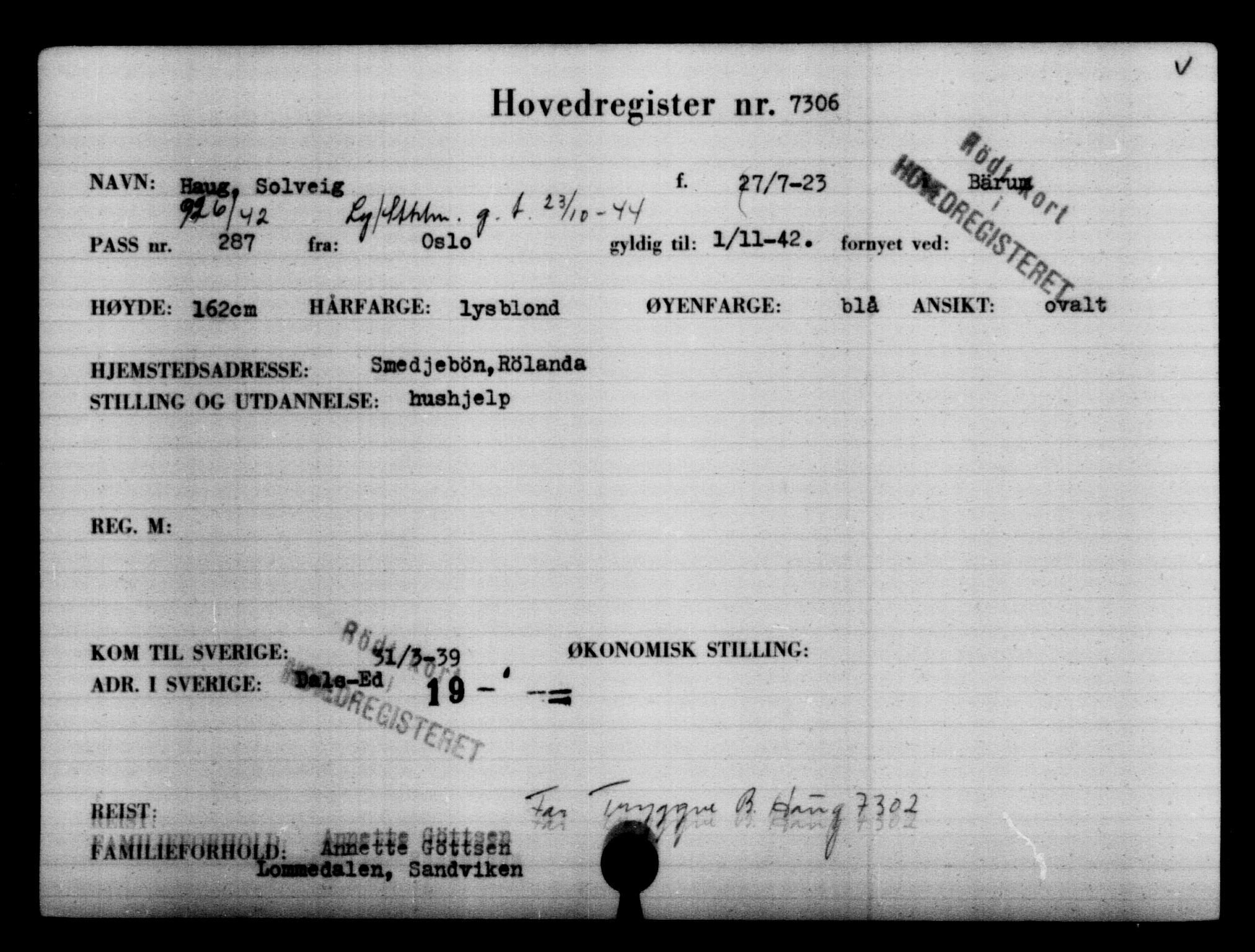 Utenriksstasjonene, Legasjonen i Stockholm, Flyktningkontoret, AV/RA-S-6753/V/Va/L0005: Kjesäterkartoteket, flyktninger med registreringsnr. 6600-9417, 1940-1945, p. 835