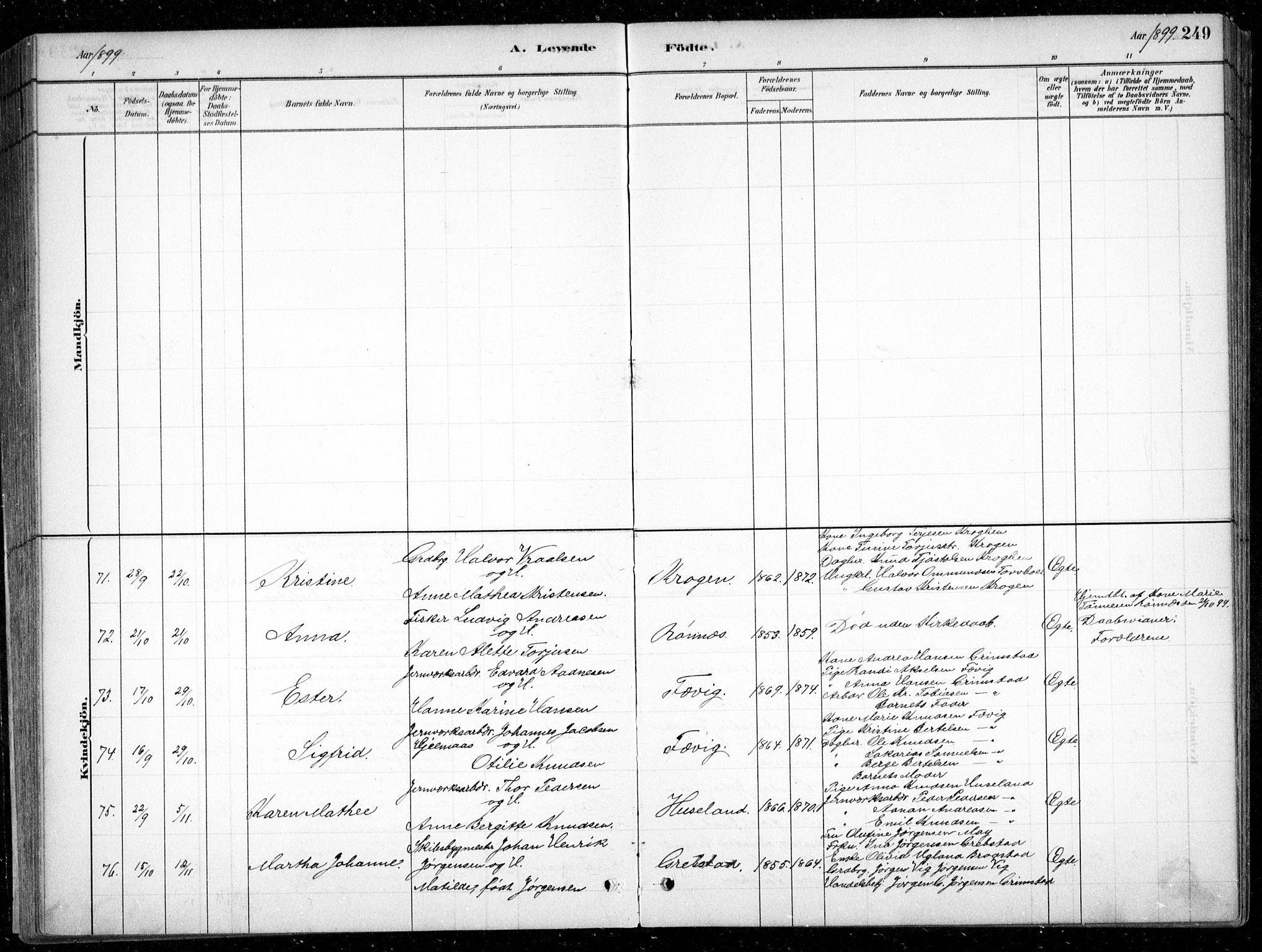 Fjære sokneprestkontor, AV/SAK-1111-0011/F/Fb/L0011: Parish register (copy) no. B 11, 1881-1905, p. 249