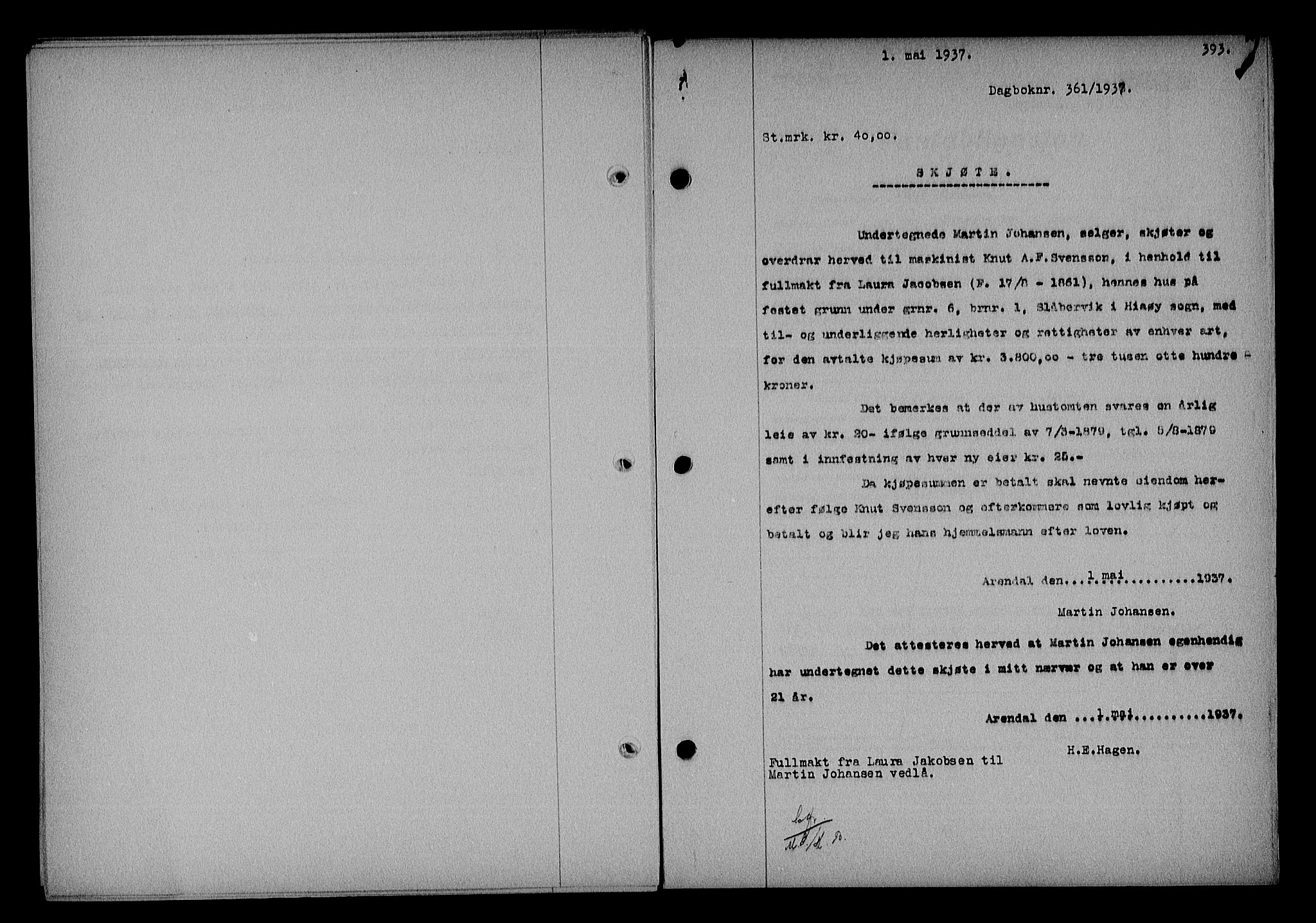 Nedenes sorenskriveri, SAK/1221-0006/G/Gb/Gba/L0043: Mortgage book no. 39, 1936-1937, Diary no: : 361/1937