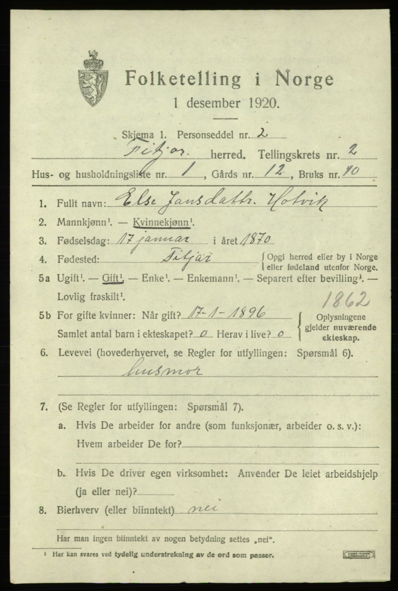 SAB, 1920 census for Fitjar, 1920, p. 1576