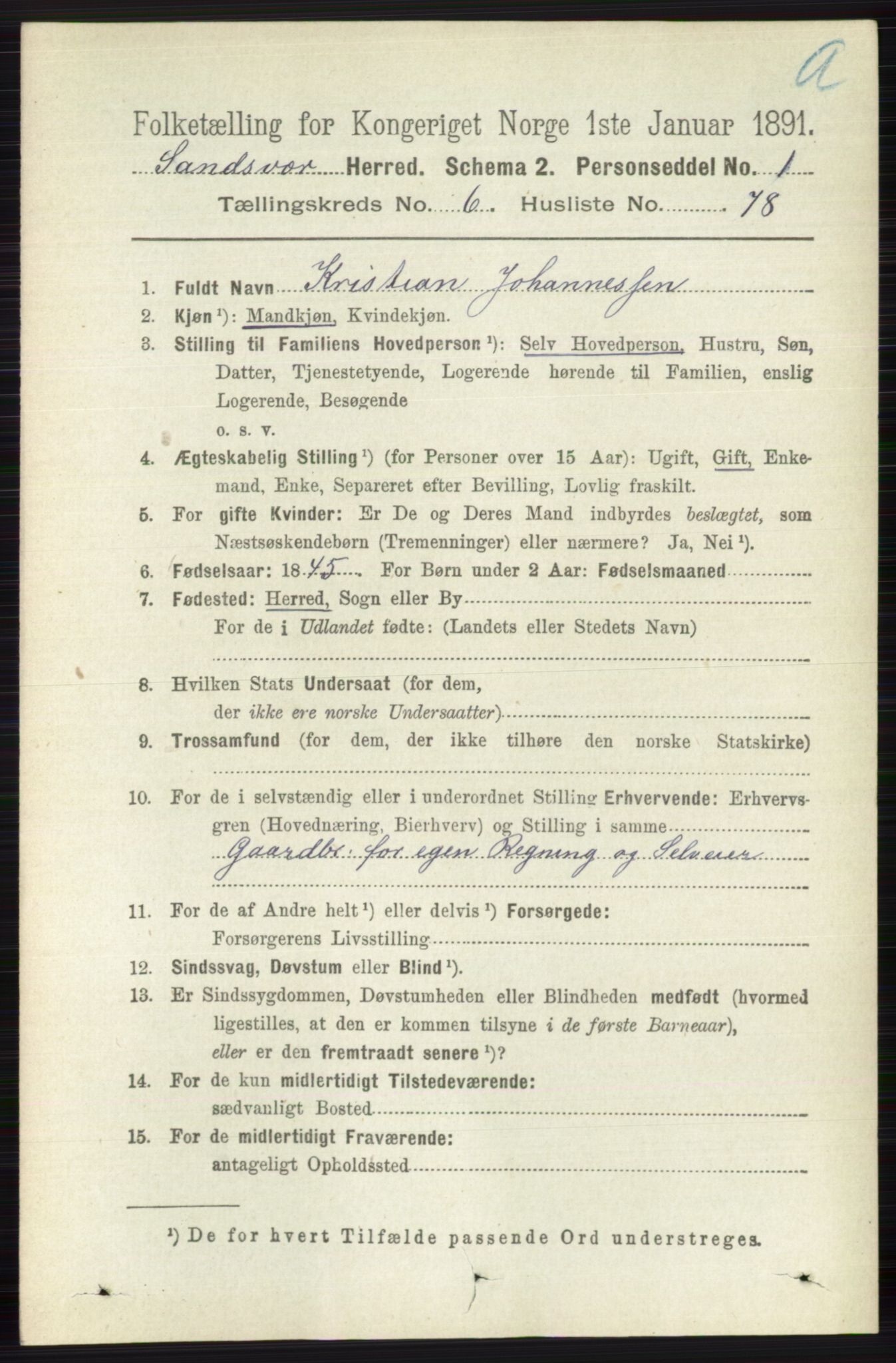 RA, 1891 census for 0629 Sandsvær, 1891, p. 3892