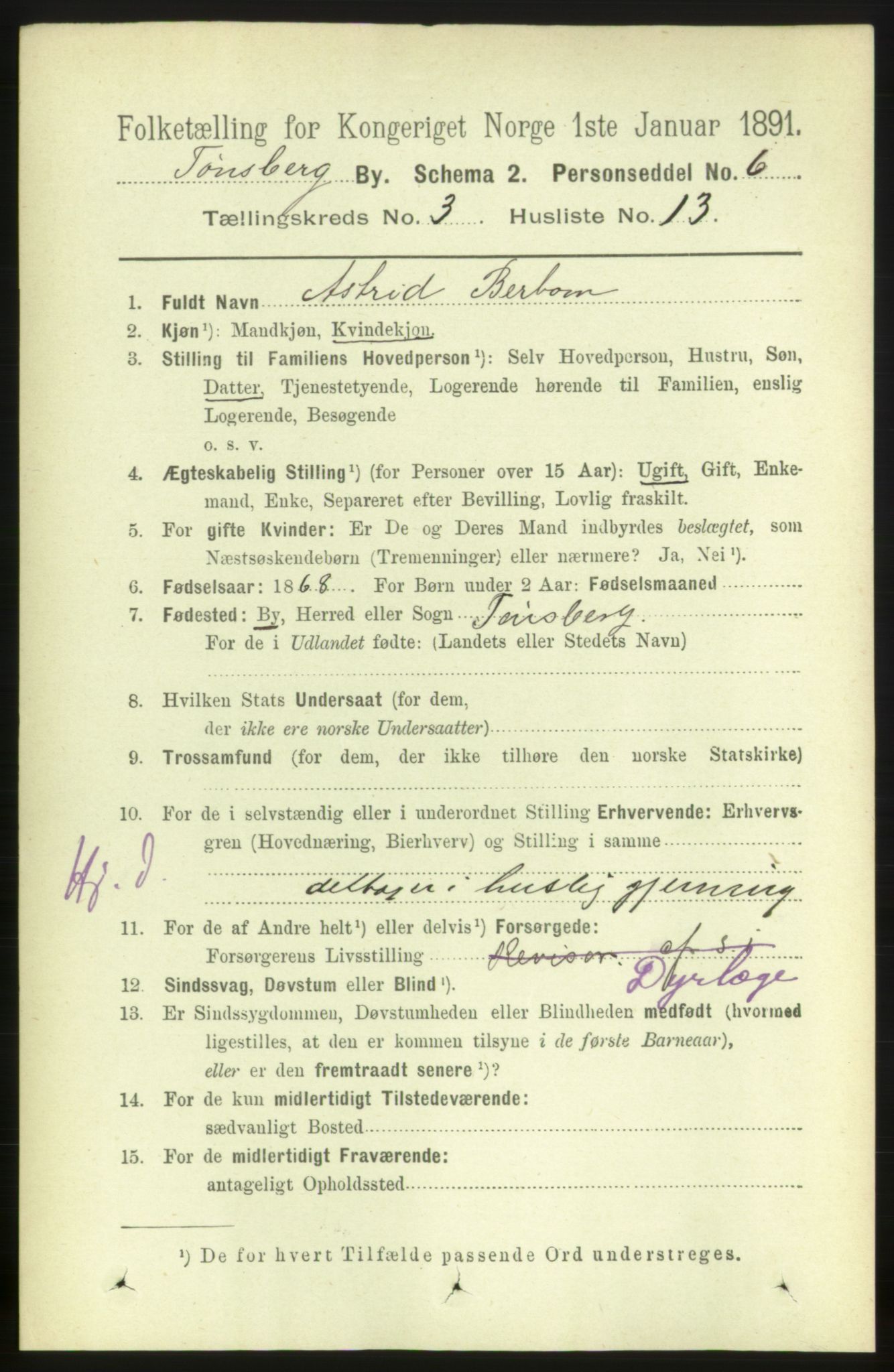 RA, 1891 census for 0705 Tønsberg, 1891, p. 1905