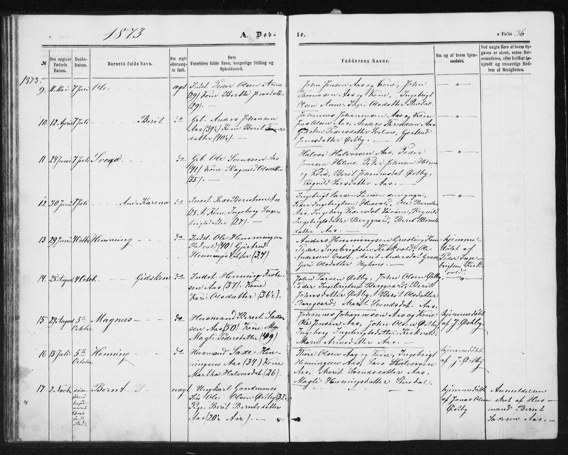 Ministerialprotokoller, klokkerbøker og fødselsregistre - Sør-Trøndelag, SAT/A-1456/698/L1166: Parish register (copy) no. 698C03, 1861-1887, p. 36